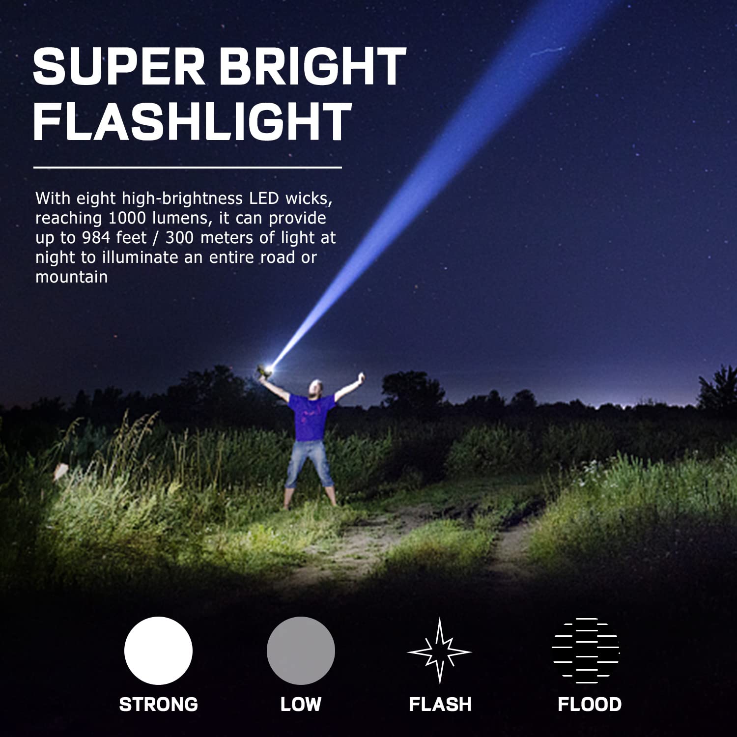 Sjpro 8 Led Solar Flashlight With Cob Sidelight, 1000 Lumens Solar Powered Flashlights, Solar Or Usb Charging Waterproof Handheld Flashlights With 3 Modes For Fishing Outdoor Camping Emergencies