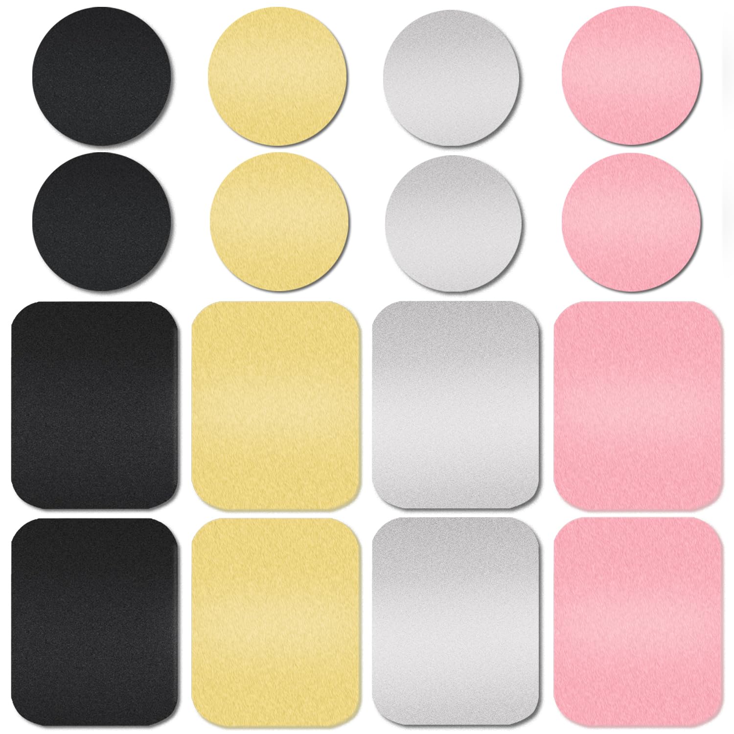 Ackllr 16 Pieces Phone Car Mount Metal Plate With Adhesive For Magnetic Cradle-Less Mount,Cell Phone, Gps And Tablet Holder, 8 Rectangular And 8 Round, Black, Silver, Gold, Rose Gold