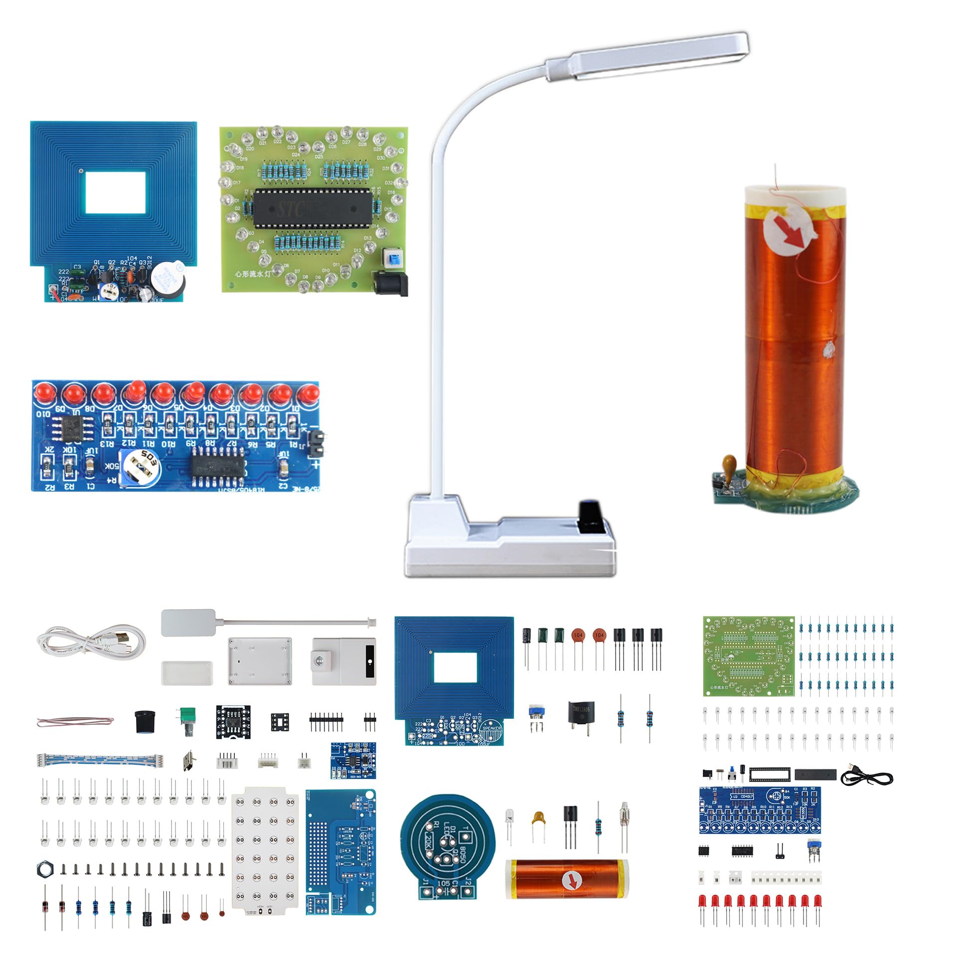 Yidab Soldering Practice Kit 5-In-1 Diy Classic Desk Lamp, Square Metal Detector, Small Tesla, Heart Shaped Flow Lamp Soldering Skills Learning Diy Electronic Product Soldering Kit