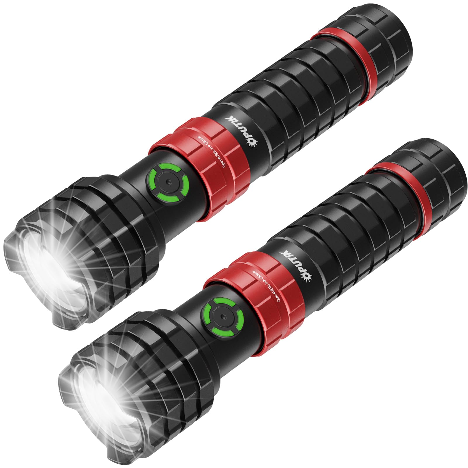 Oputik Portable Rechargeable Handheld Flashlight,Led Powerful Flashlights 1500 High Lumens,Military Grade Emergency Bright Tactical Flashlights Suitable For Home,Outdoor Use (Black+Red, 2 Pack)