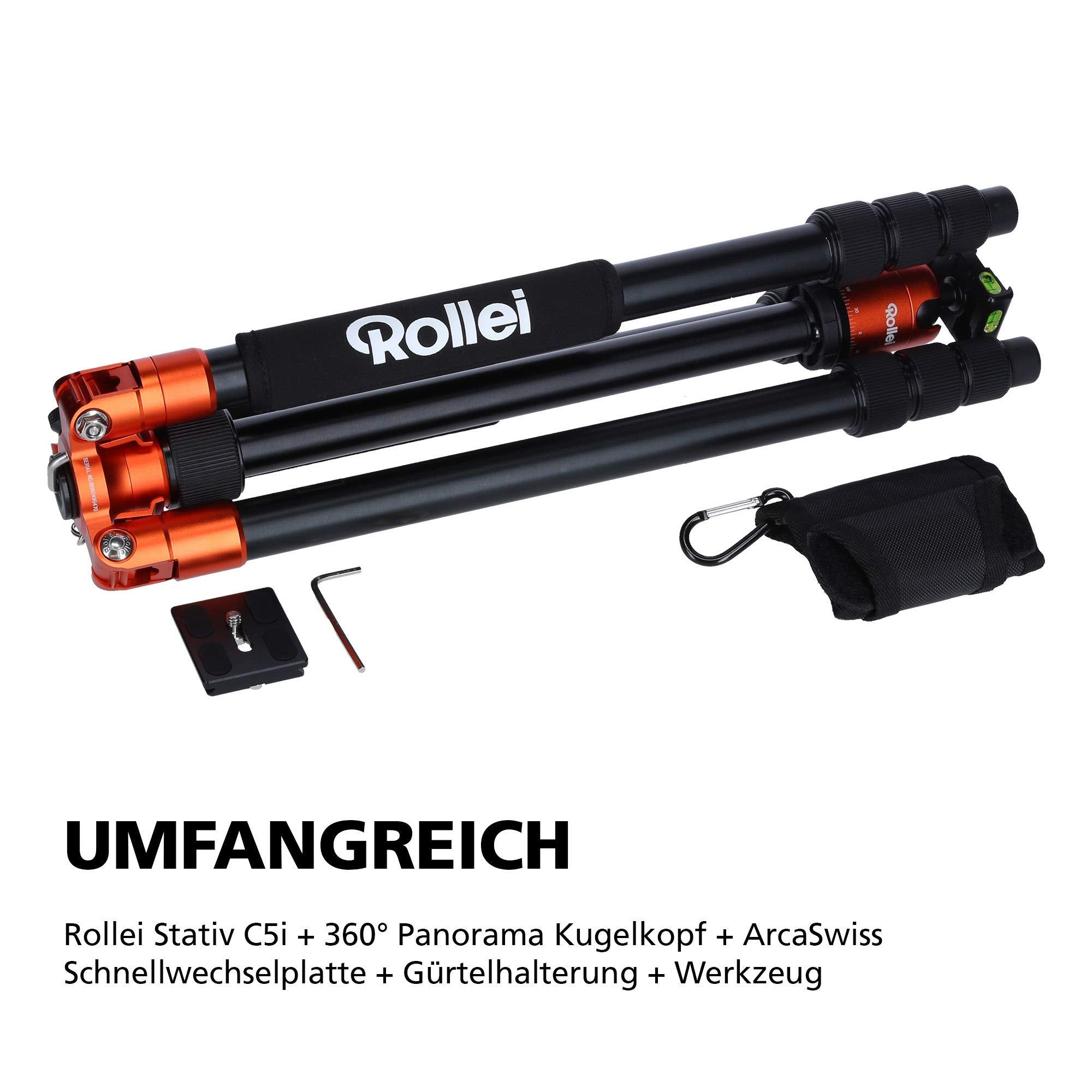 Rollei C5I - Aluminum Tripod With Panoramic Ball Head - Arca Swiss Compatible - Max. Load 8 Kg - Orange