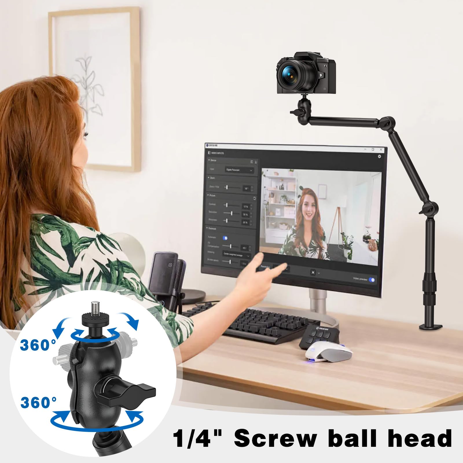 Jubor Overhead Camera Mount For Desk, 30.9" Webcam Stand With 1/4" Screws, 360° Adjustable Tabletop C-Clamp Stand For Dslr, Webcam, Digital Cameras, Mini Projector,Microphone