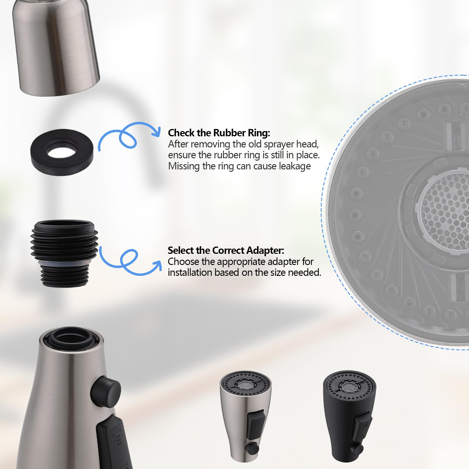 Dlymtrx Kitchen Faucet Head Replacement With 9 Adapters, 3-Function Spray Nozzle, Pull-Down Sink Sprayer Compatible With Delta, Kohler, Moen Faucets, Brushed Nickel