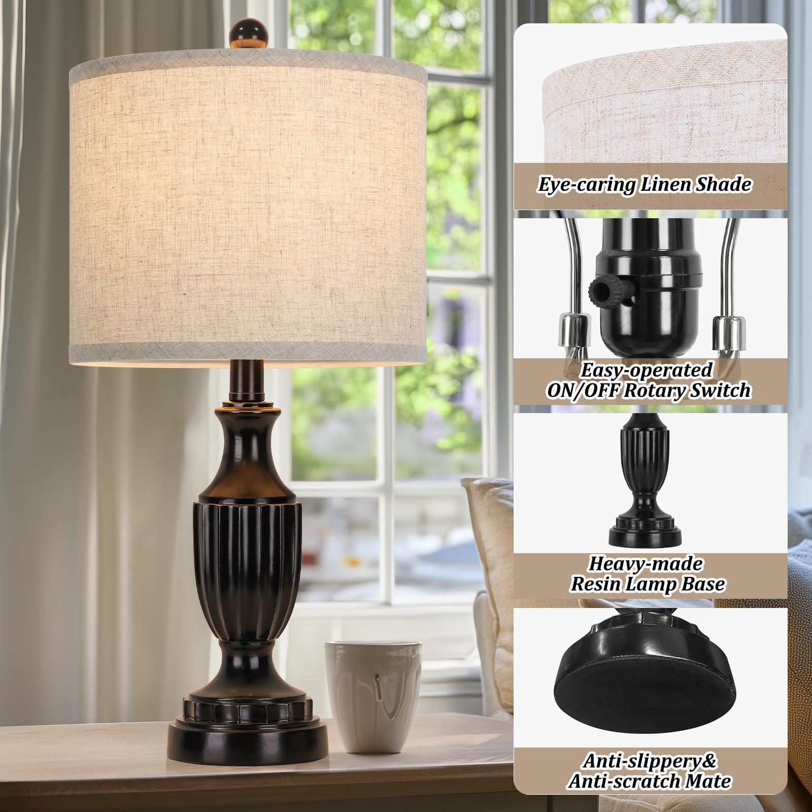 Tobusa Farmhouse Living Room Table Lamps Set Of 2, Matte Black Rustic Vintage Table Lamps For Bedroom Nightstand, Antique Bedside Desk Lamps With Linen Shade, 22’’ Small Resin Lamp Sets For End Table
