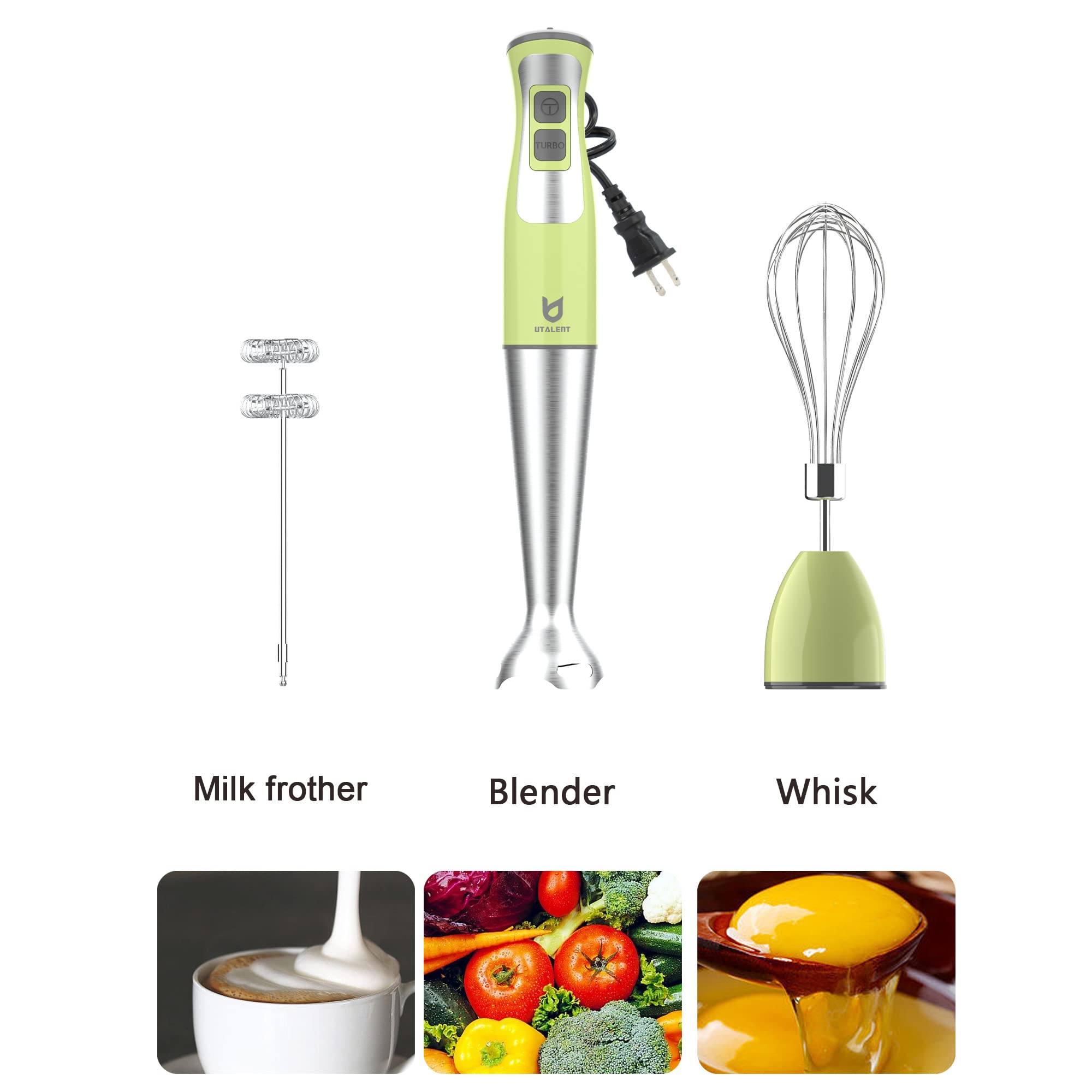 Utalent Immersion Hand Blender, 3-In-1 8-Speed Stick Blender With Milk Frother, Egg Whisk For Coffee Milk Foam, Puree Baby Food, Smoothies, Sauces And Soups Green