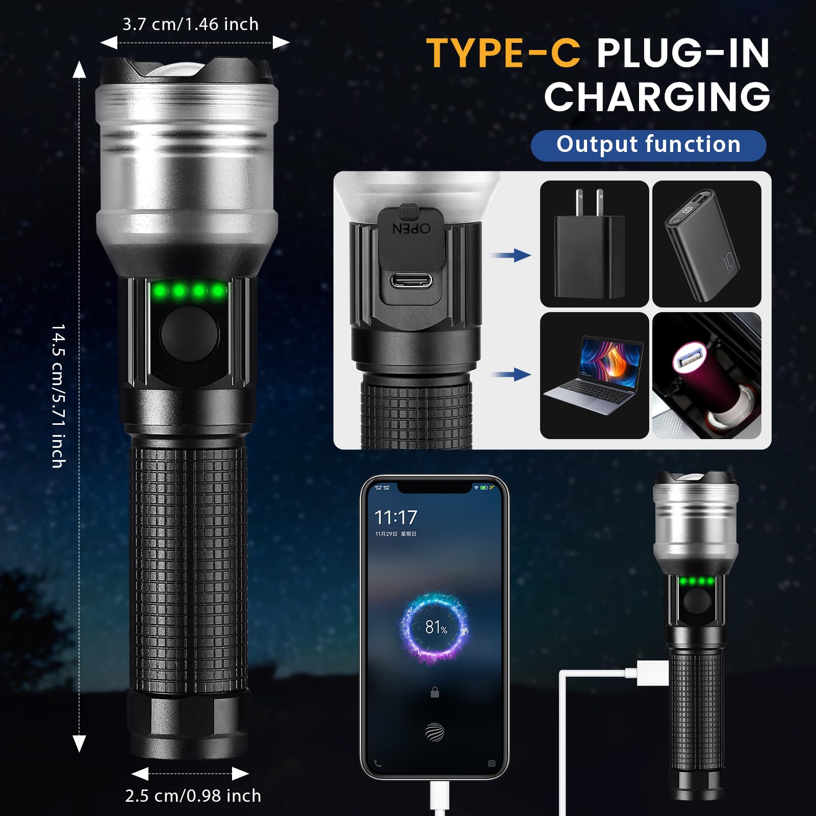 Leshen Rechargeable Flashlight 10000 High Lumens, Super Bright Flashlight Compact, Flashlight Rechargeable Usb-C Zoomable, 6 Modes Handheld Flashlight Suitable For Home Emergency, Outdoor, Hiking, Camping