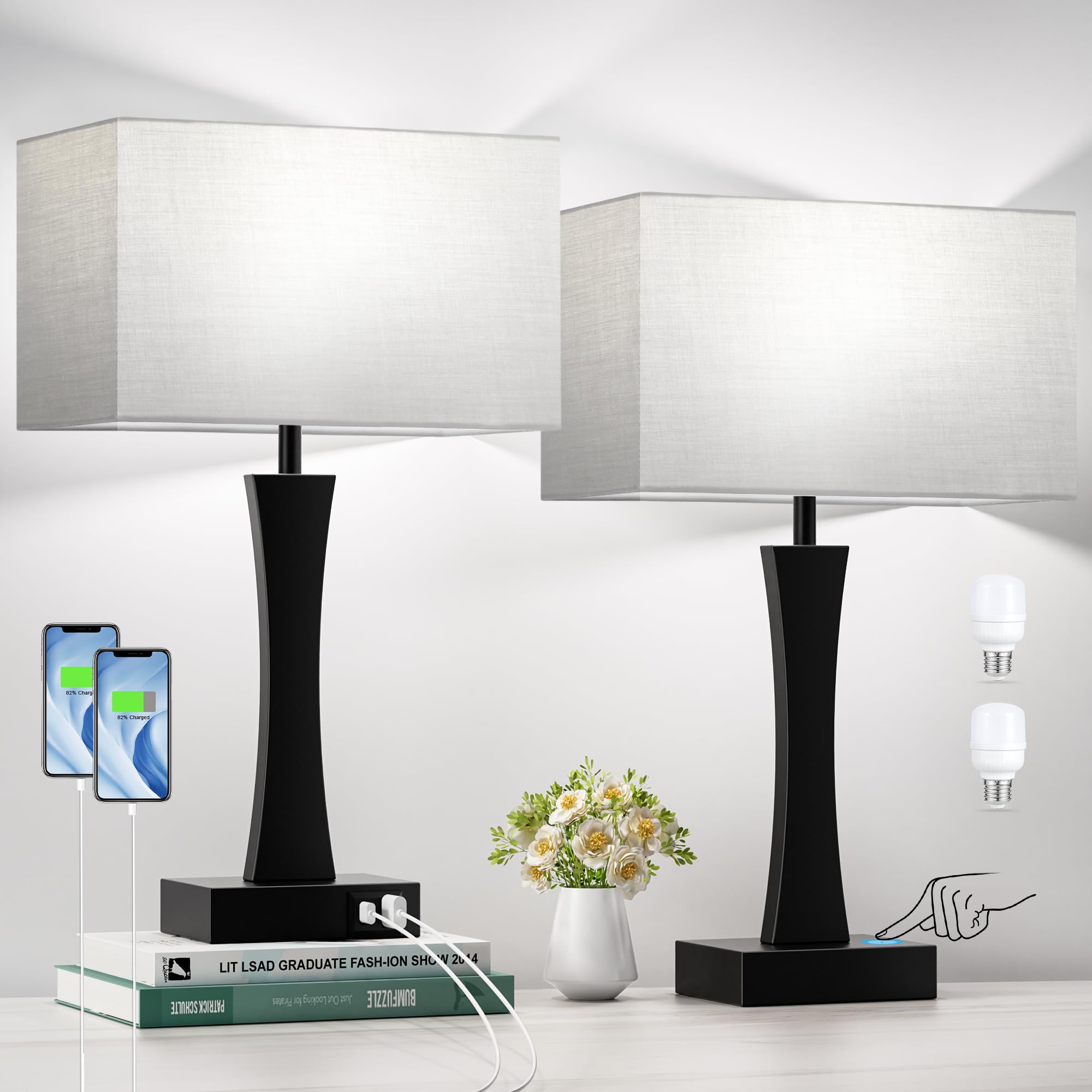 Seealle Bedside Lamps For Night Stands - 3 Way Dimmable Table Lamp For Bedroom With Usb C+A Ports,Modern Bedside Lamps Set Of 2, Touch Lamps For Nightstand Living Room Side Table End Tables(Bulbs Included)