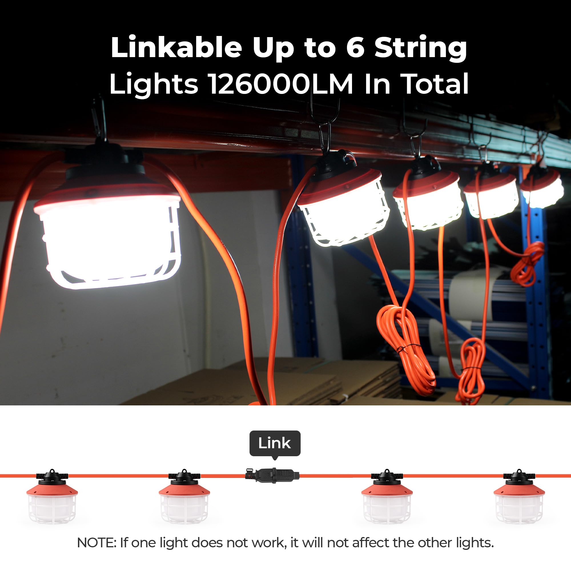 Omlite 100Ft Construction String Lights：150W 21000Lm Linkable Super Bright Led String Work Lights For Construction Sites Temporary Work Jobsite Ip65 Waterproof 18Awg Wire Work Light With Cage