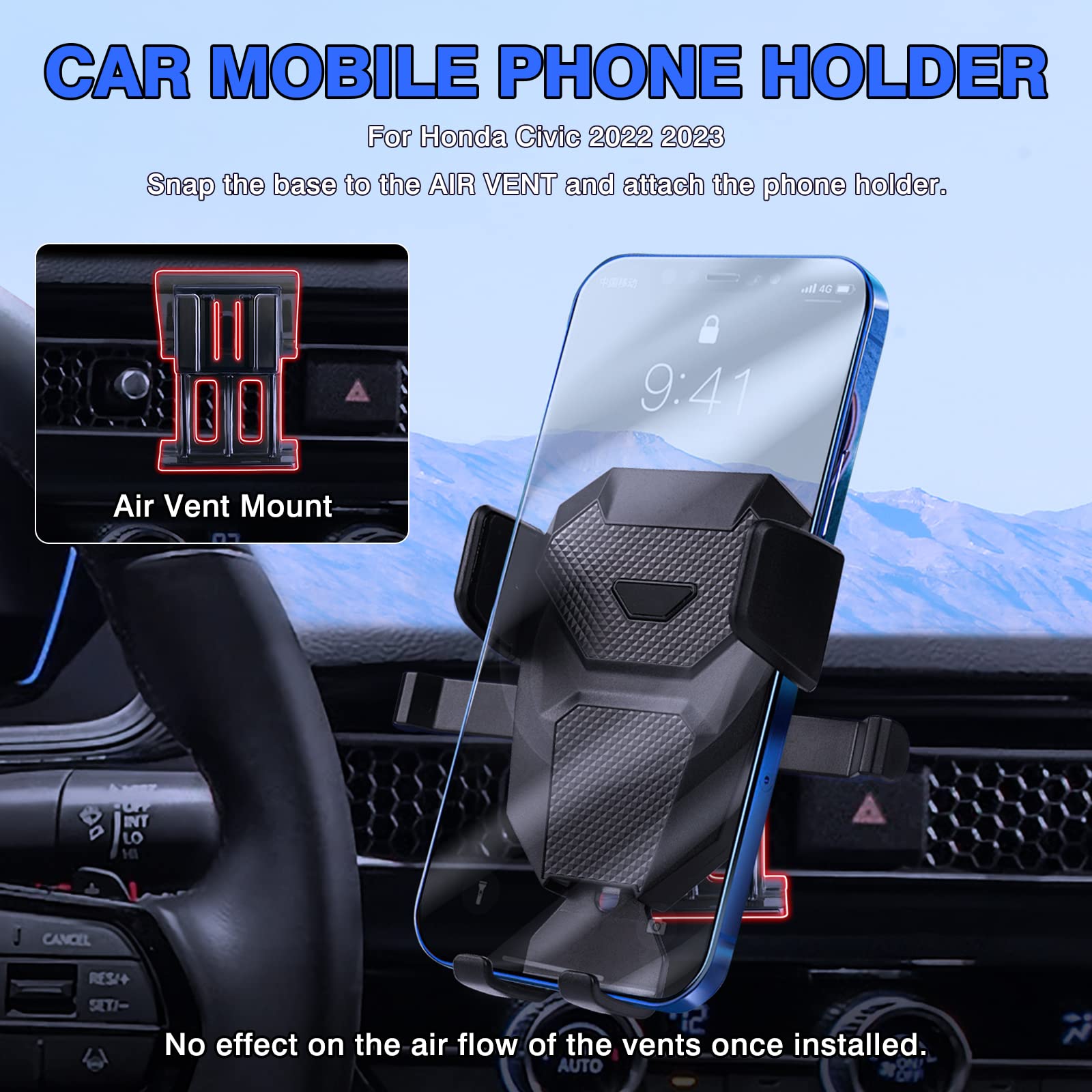 Karltys Car Phone Holder For Honda Civic    , 11Th Gen. Civic Cell Phone Mount For 4-7 Inch Phones, Hands  Thick Case Friendly Dash Air Vent Mobile Holder Stand