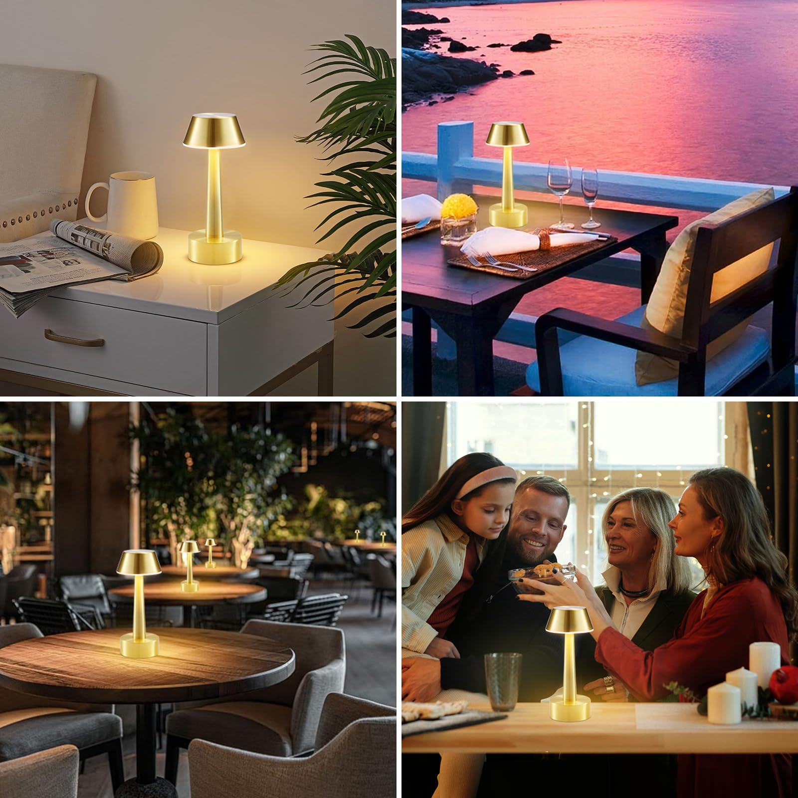 Intelive 2 Pack Small Cordless Table Lamp, Battery Operated Gold Lamp For Restaurant Dinner Table, Rechargeable 3-Way Dimmable Touch Light Portable Metal Night Light For Bedside Dining Room Patio Bar Outdoor