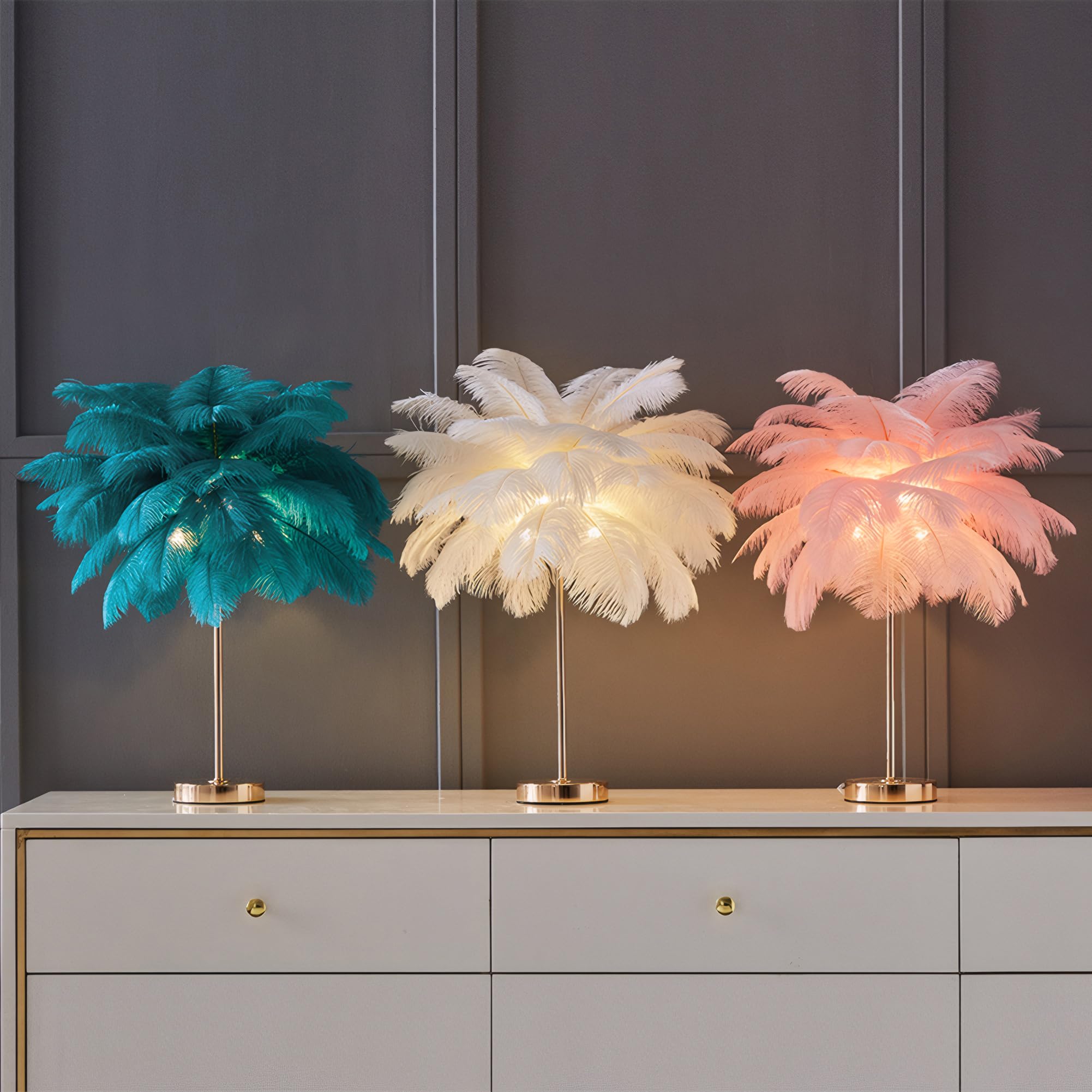 Lincwonz White Ostrich Feather Lamp,3-Color Temperatures Table Lamps For Girls Bedroom Funky Unique Cute Bed Side Nightstand Gold Desk Light (Bright Pink)