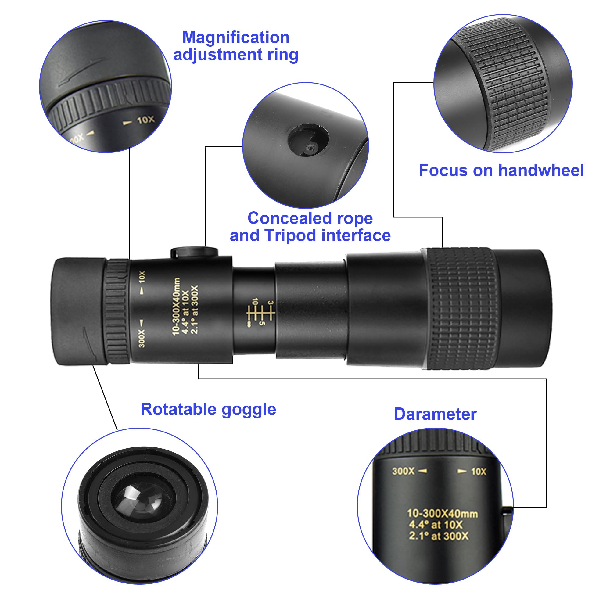 Vohezpt 10-300X40 Military Telescope - Monoculars For Adults High Powered, Compact Monocular Telescope For Hunting, Star Gazing, Bird Watching, Travel (Smartphone Adapter & Tripod Include)