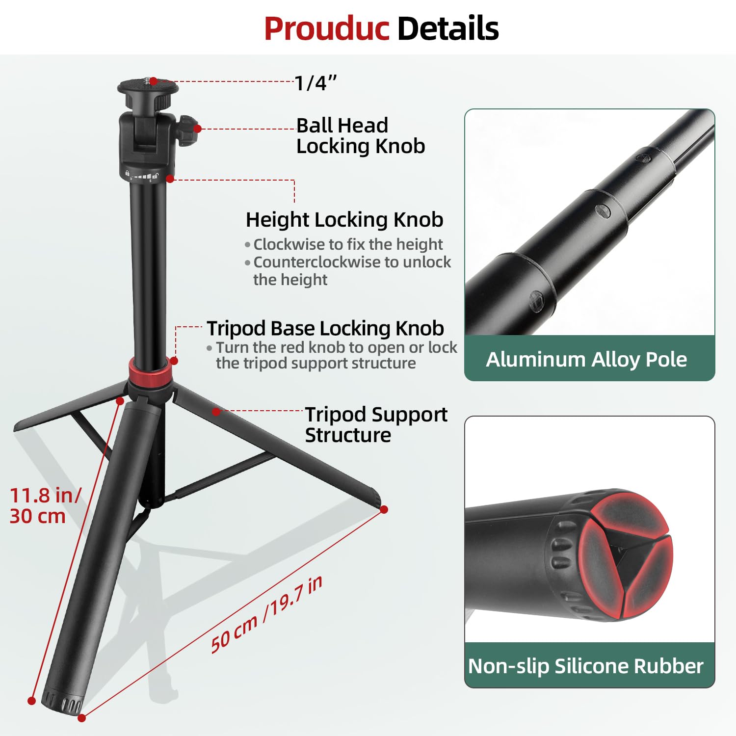Jebutu Extendable Tripod Aluminum, Portable Adjustable Light Stand With 1/4" Screw Phone Holder & Remote, Ball Head Camera Phone Tripod For Camera Iphone Video Light Smartphone, Lightweight For Travel