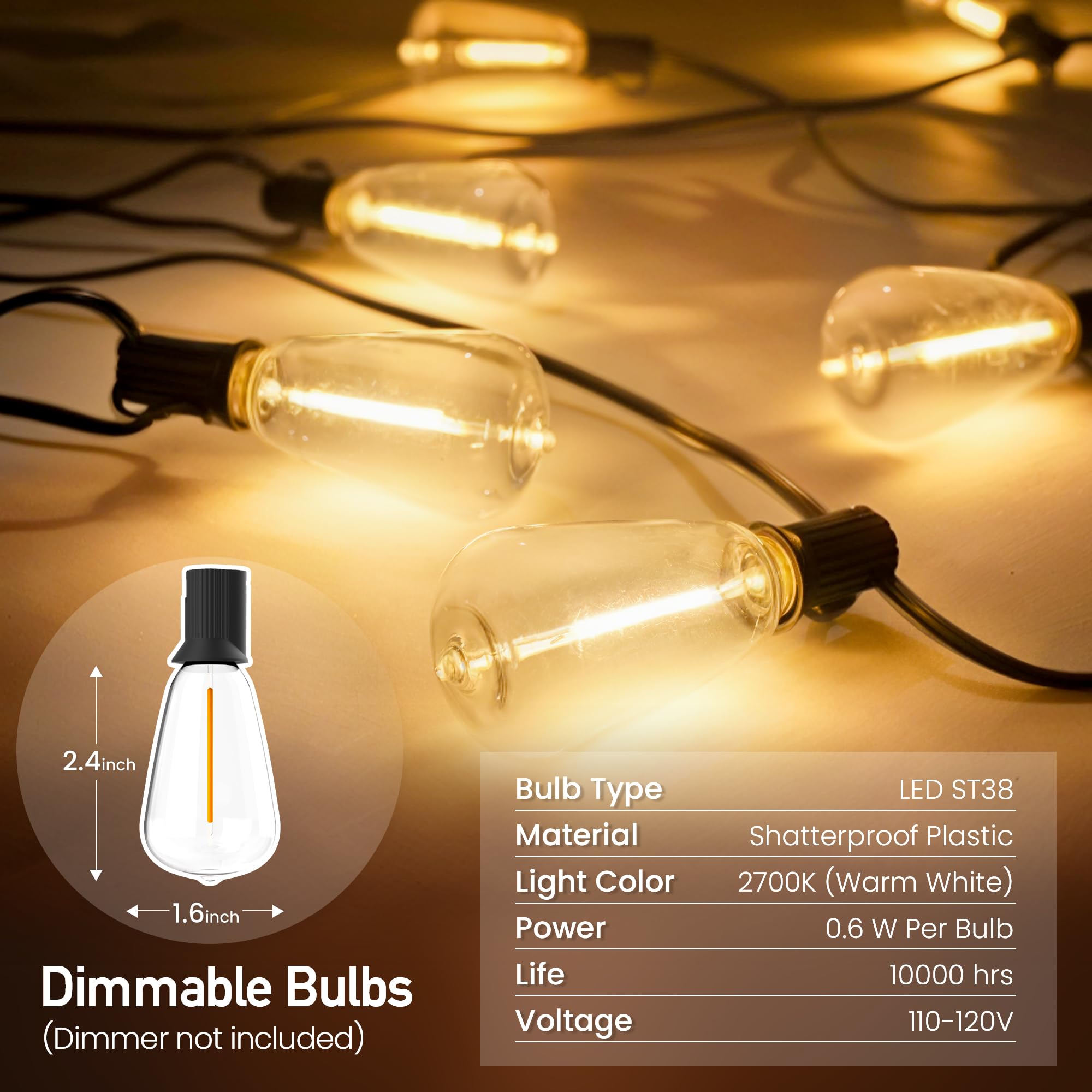Aubverc Outdoor String Lights 100 Ft 52 Shatterproof Led Bulbs, Ul  Patio Lights Outdoor Light Strings Waterproof For Patio Yard Outside Party Wedding, Connectable Dimmable 50 Sockets 2700K