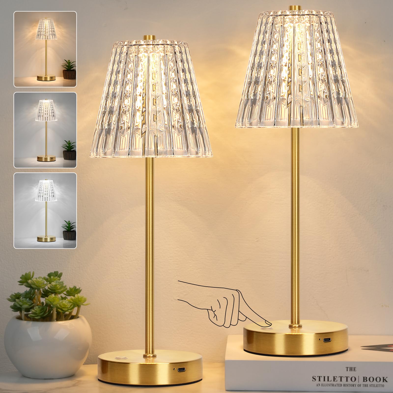 Gobright Bedside Table Lamp Set Of 2, Fully Stepless Dimmable Vintage Crystal Led Touch Lamps With 3 Colors, Portable Rechargeable Cordless Nightstand Lamp For Bedroom Living Room Office Desk
