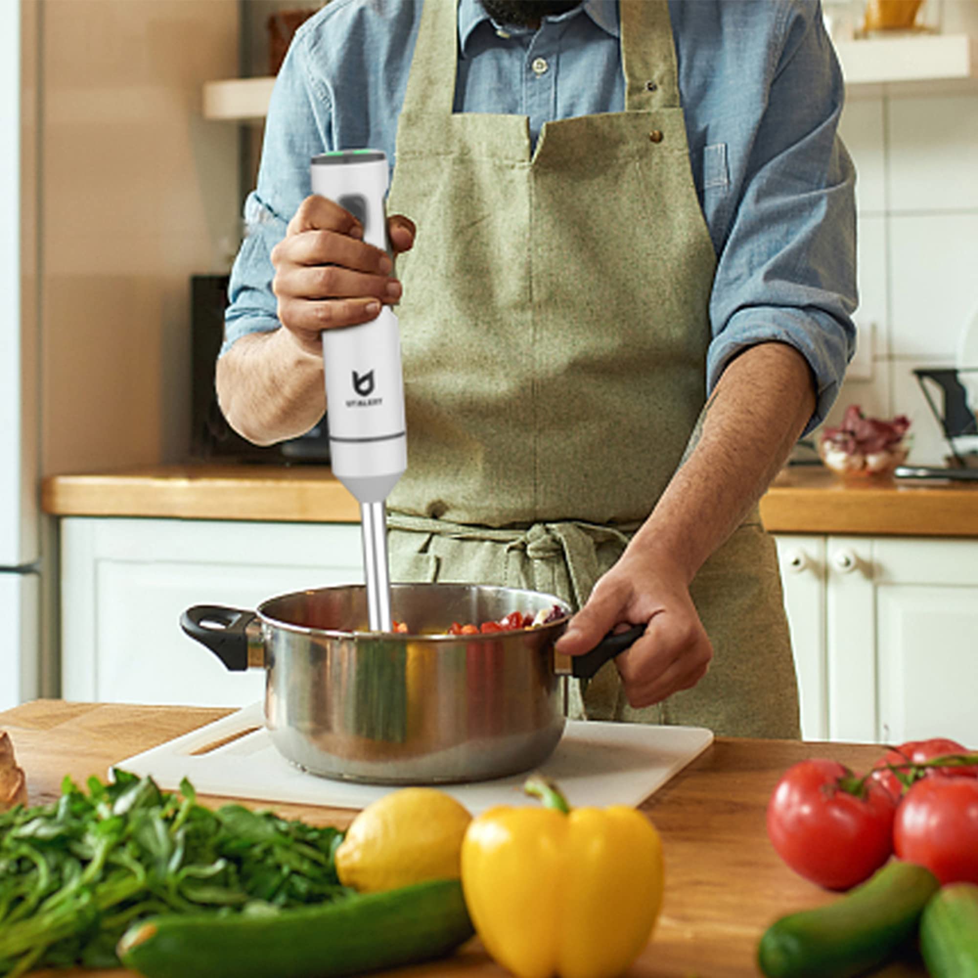 Utalent Cordless Hand Blender, Variable Speed Immersion Blender Rechargeable, With 500Ml Chopper, 600Ml Container, Egg Whisk, For Smoothies, Baby Food And Soups – White
