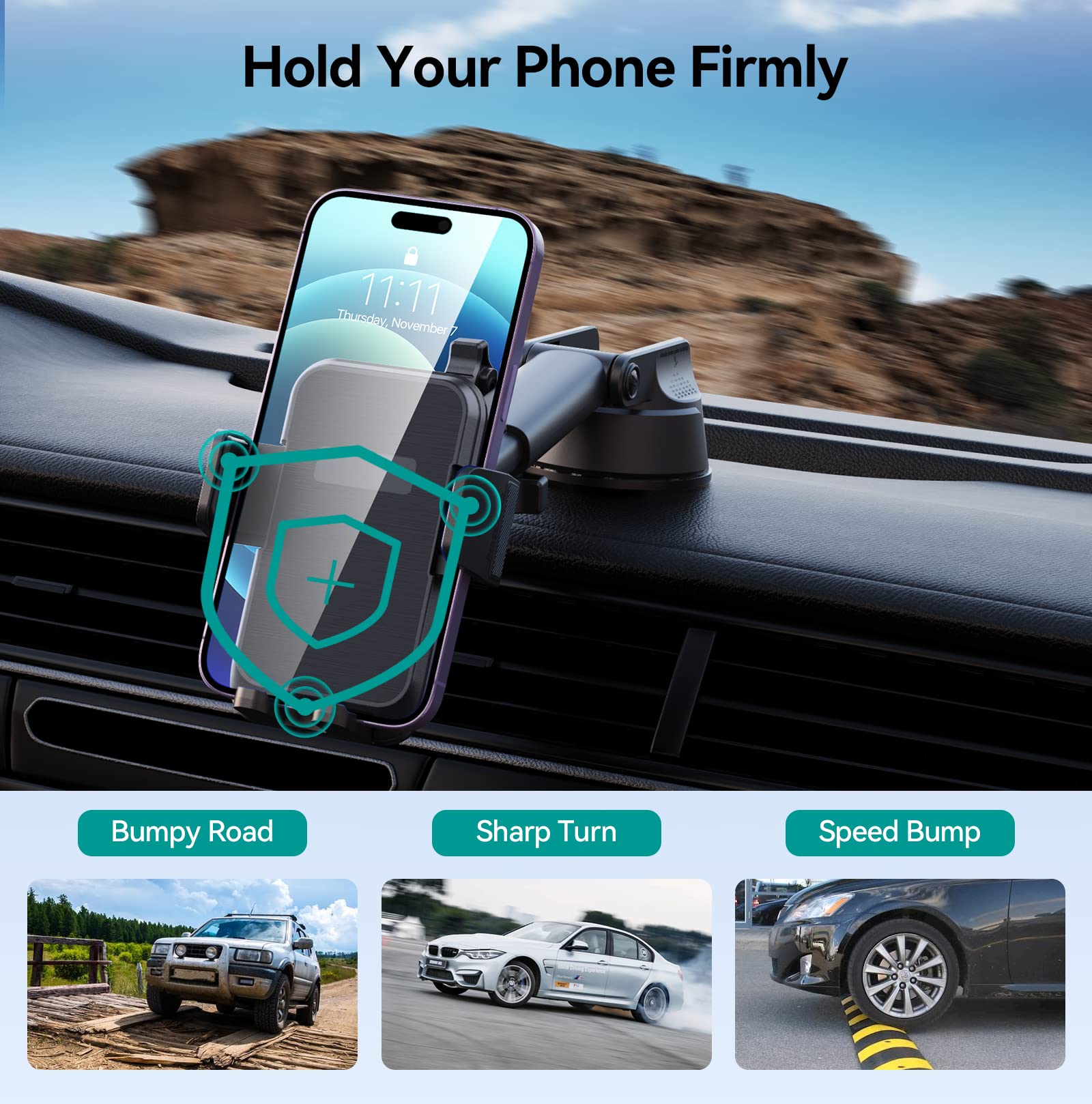 Dolyofg Car Phone Holder Mount, [Military-Grade Suction & Super Sturdy Base] 3 In 1 Universal Phone Mount For Car Dashboard Windshield Air Vent Car Mount For Iphone Android Smartphone Gps Navigator
