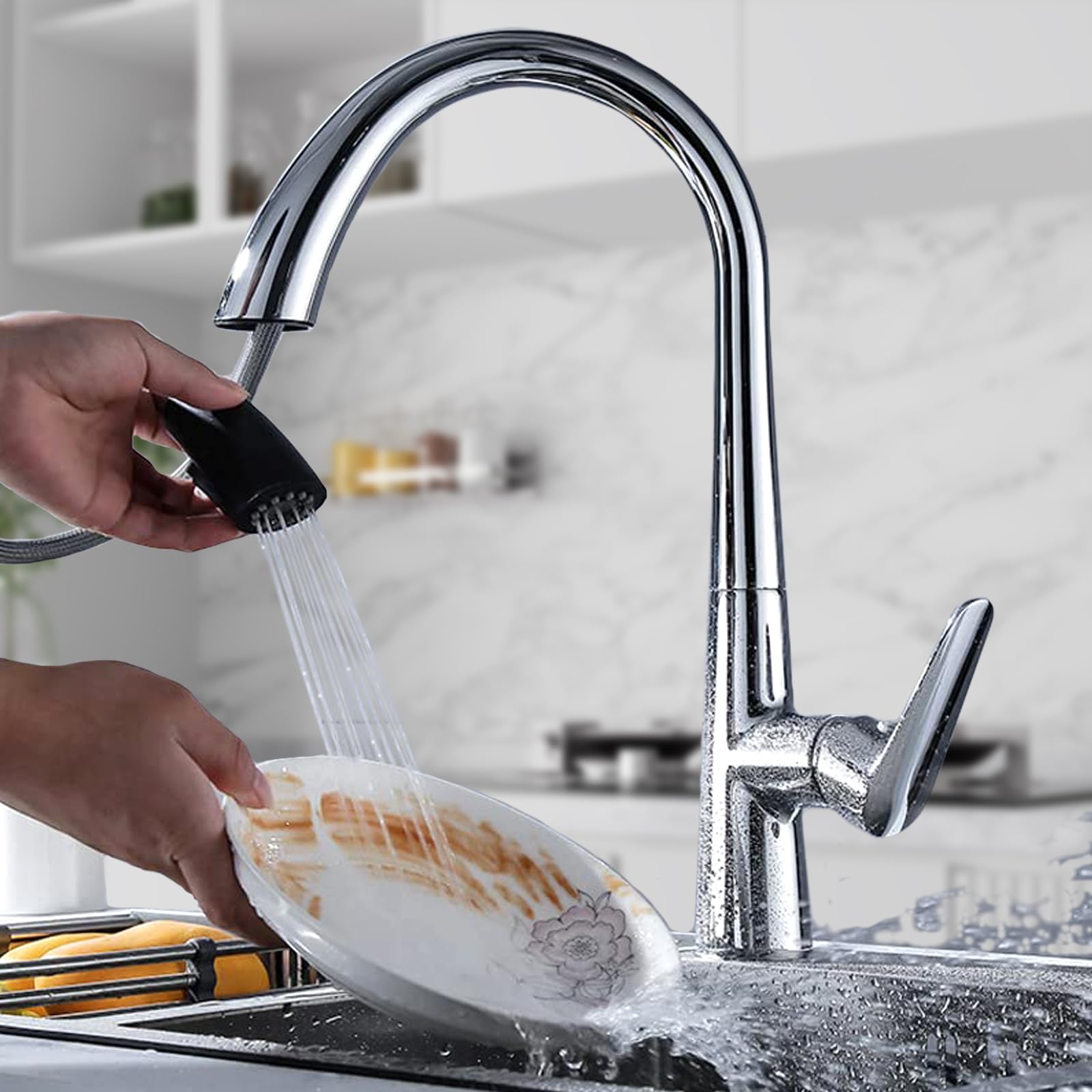 Bikusog Kitchen Faucet With Concealed Pull Down Sprayer, Swan Art,Imitation Swan Neck Curved Single Handle Brass Kitchen Sink Faucet,Kitchen Sink Faucet Suit For Kitchen Sink, Bar, Laundry, Rv(Silver)
