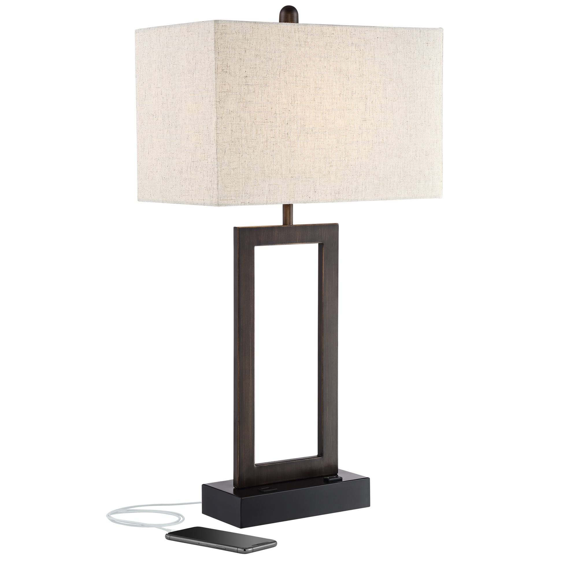 360 Lighting Todd Modern Minimalist Table Lamp With Usb And Ac Power Outlet In Base 30" Tall Bronze Rectangular Oatmeal Fabric Shade For Living Room Bedroom House Bedside Nightstand Home