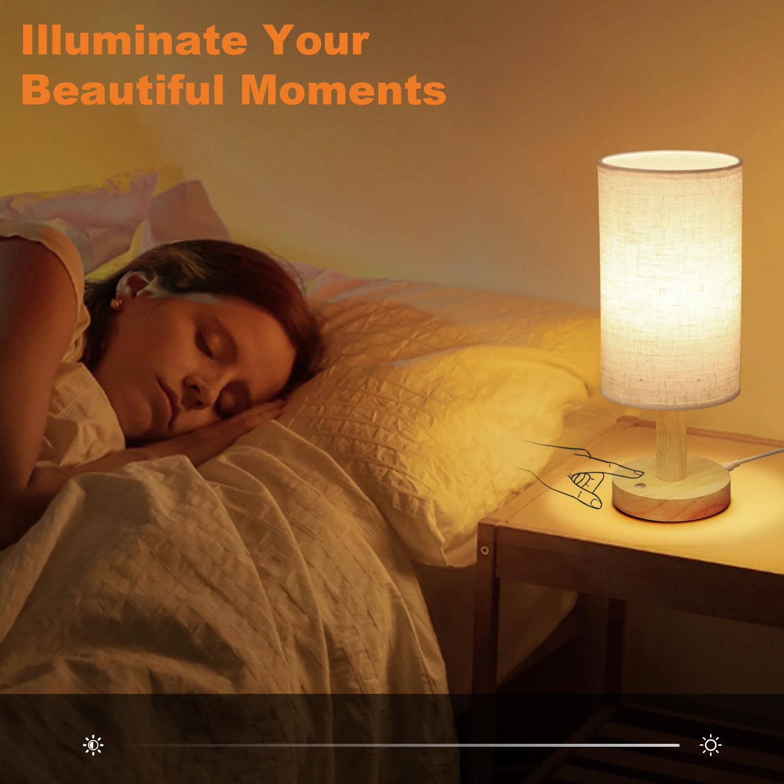 Seensiny Small Corded Touch Bedside Table Lamp With Stepless Dimming, Natural Round Wood Base & Linen Fabric Shade, Usb-Powered Cozy Ambient Night Light For Bedroom, Nightstand,Kitchen, Nursery,Camping