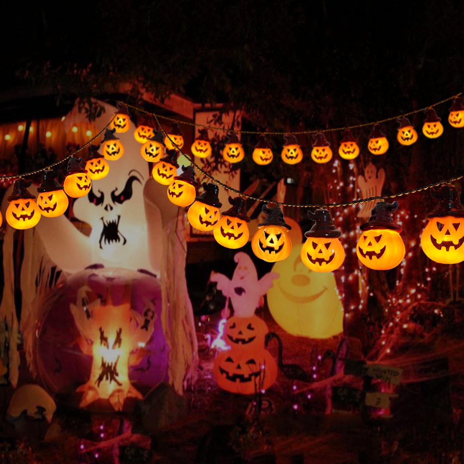 Abkshine Solar Pumpkin Lights - Spooky String Lights For Outdoor Halloween Decor, Porch, Camper, Tree