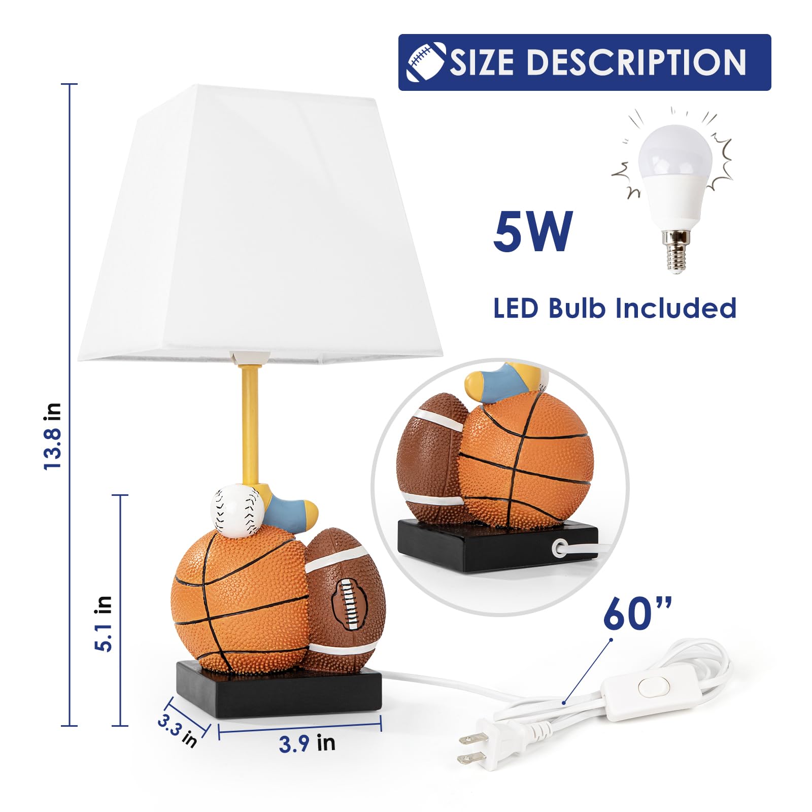 Herbestbay Kids Table Lamp, 14-Inch Bedside Lamp Adorable Football, Basketball, Hockey, And Baseball Design With Cute Shade - Ideal For Bedroom Decor, Includes Led Bulb