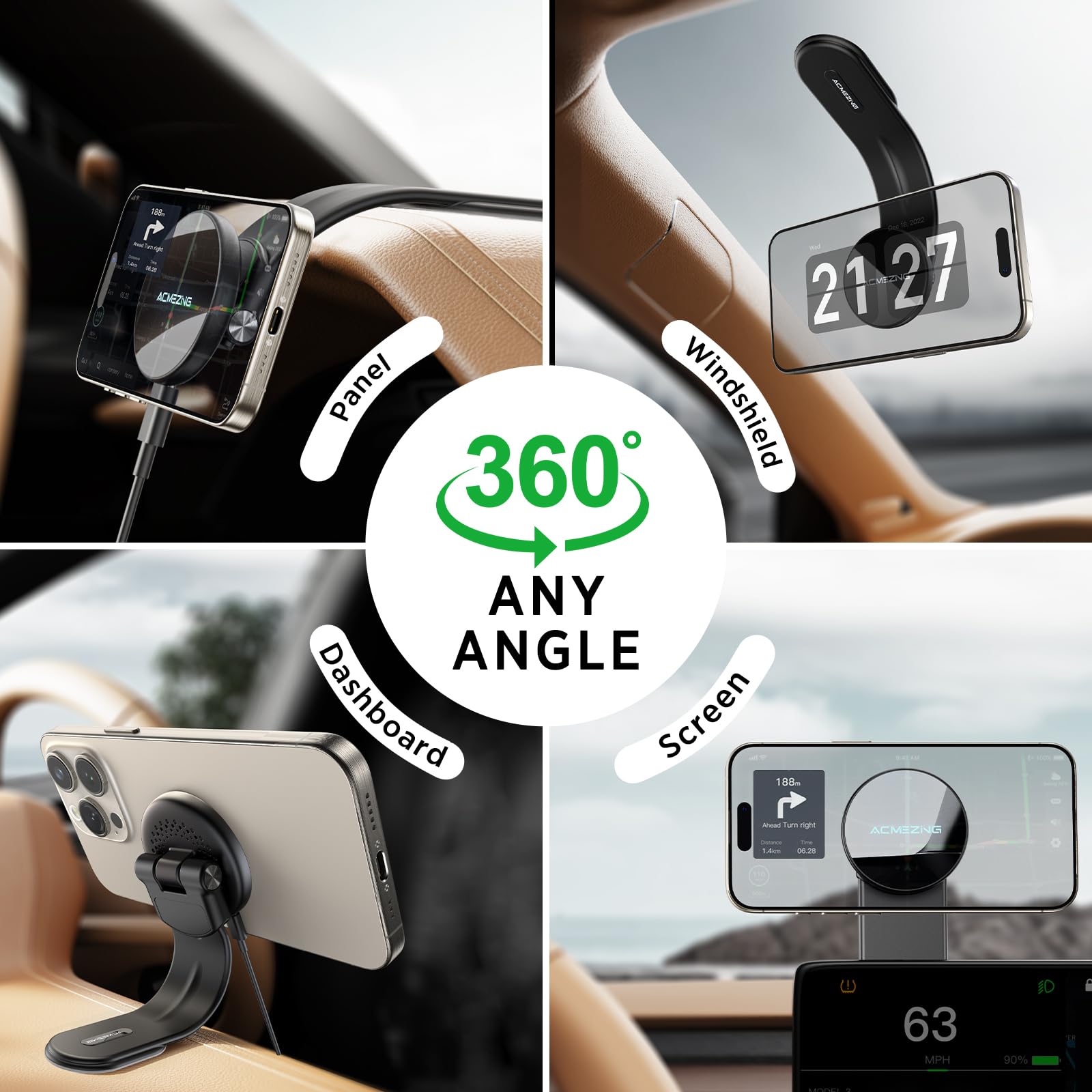 Acmezing 15W Only For Iphone Magsafe Car Mount Charger, 360% Adjustable Aluminum Alloy Arm, Relocatable Car Phone Holder, Magnetic Wireless Fast Charging, Cell Phone Holder For All Car Models, Black