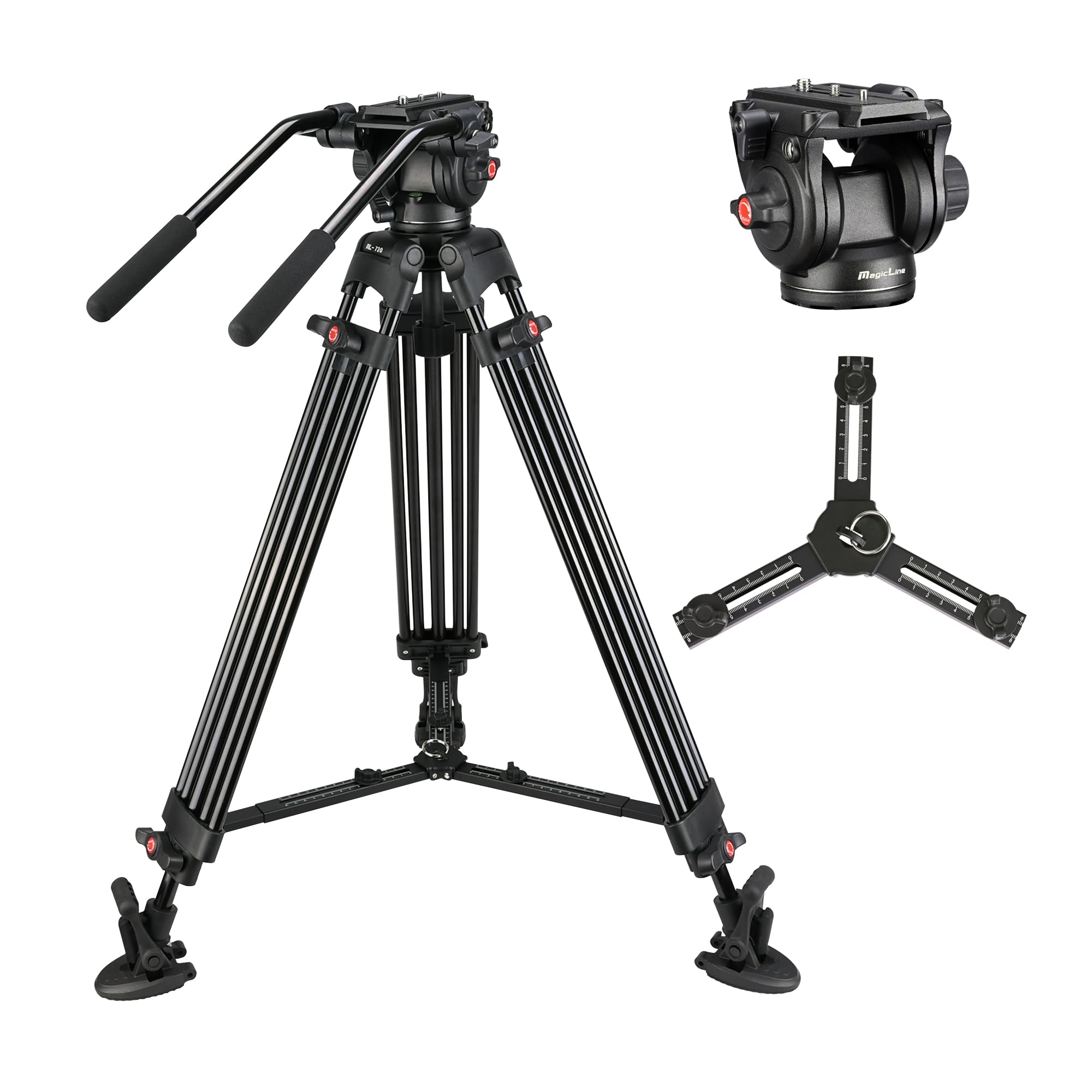 Magicline 65.7 Inch Heavy Duty Aluminum Video Camera Tripod With Fluid Head, 2 Pan Bar Handles, Adjustable Mid-Level Spreader，Qr Plate, Max Load 26.5 Lb For Canon Nikon Sony Dslr Camcorder Cameras
