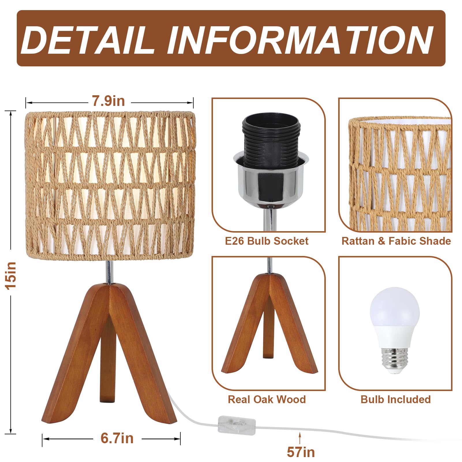 Eayaya Tripod Table Lamp With Bulb, Small Boho Desk Lamp For Bedroom With Rattan Fabric Lampshade, Cute Bedside Lamp For Night Stand, Mini Side Table Lamp For Living Room, Rattan Nightstand Lamp, Tripod Lamp