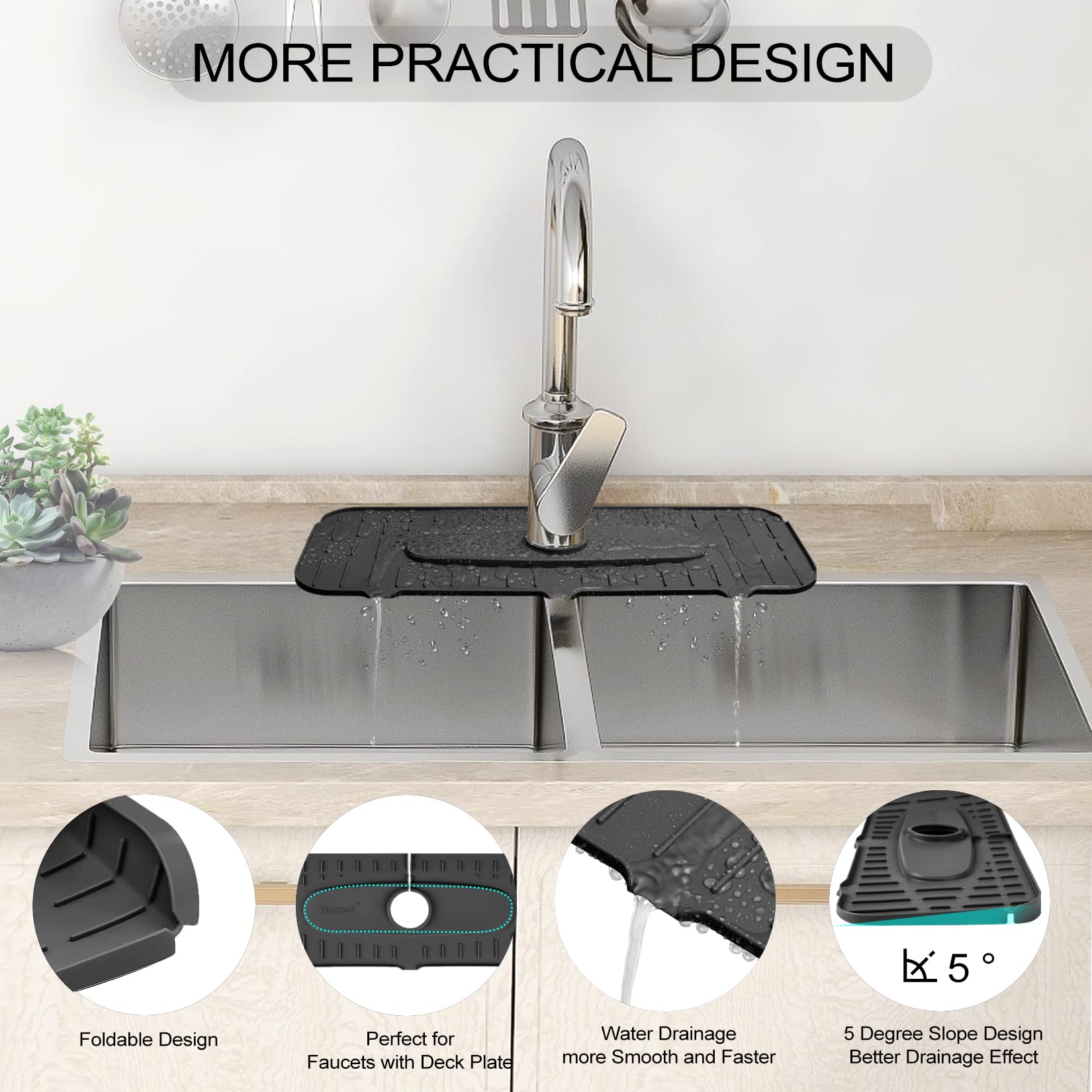 Kingmall Silicone Faucet Mat, Kitchen Faucet Mat For Drip Catcher, 100% Food Grade Silicone, Black, Deck Mount, Single Hole, Reusable, For Faucets With 1Cm(0.4 Inch) Deck Plate