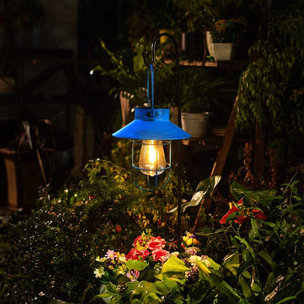 Eigreen 2 Pack Hanging Solar Lantern Lights With Shepherd Hook, Metal Waterproof Warm White Edison Bulb Lights For Garden Outdoor Pathway (Bule)