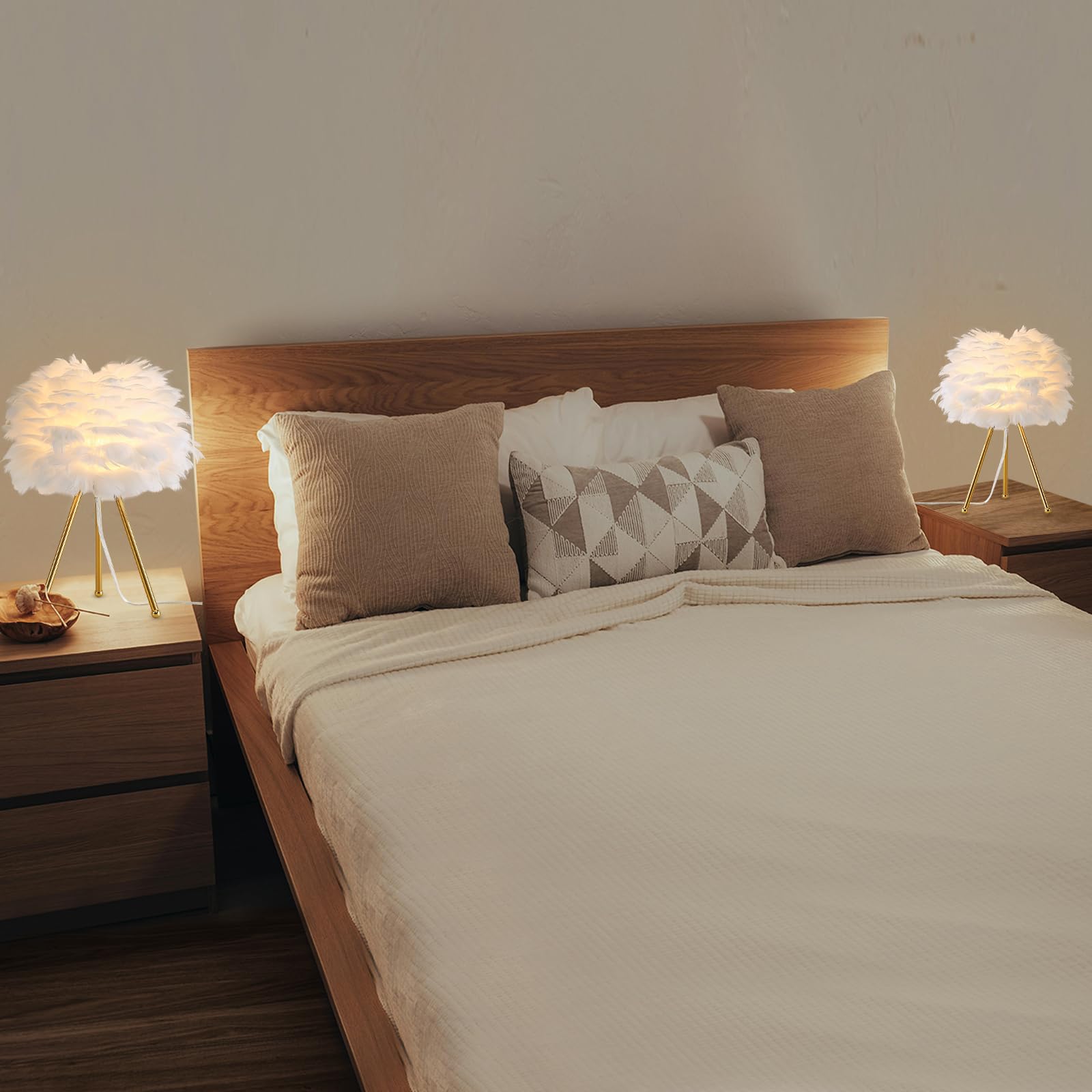 Capslpad Feather Tripod Table Lamp - 15.3" Modern White Bedside/Desk Lamp With Gold Finish For Living Room, Nursery, Kids, Bedroom, Girls Room Decor