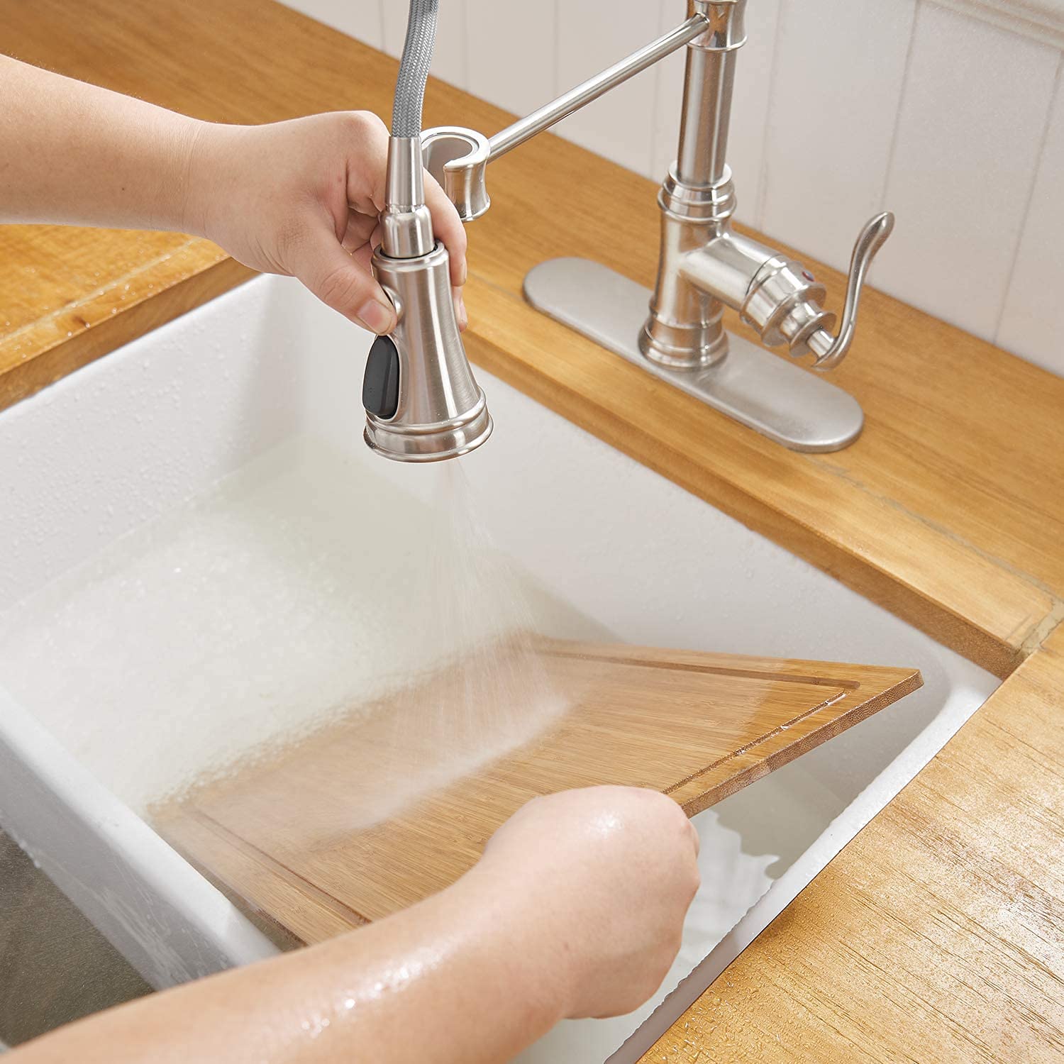 Bathfinesse Kitchen Faucet With Pull Down Sprayer, Brushed Nickel Finish, 360 Degree Swivel Nozzle, 3 Spray Modes, Easy Installation, Lead- Solid Brass Construction, 10 Inch Deck Plate