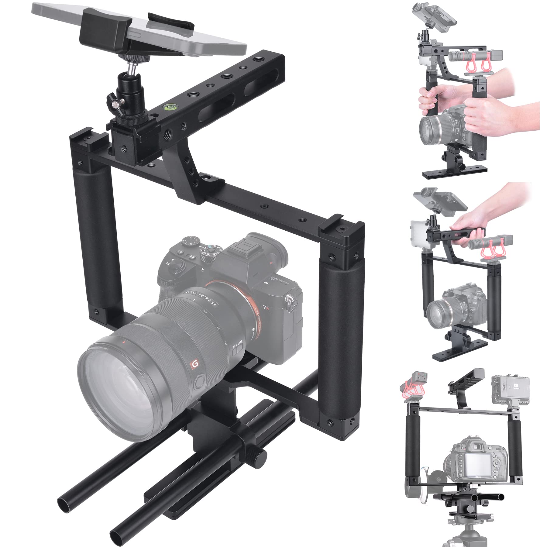 Fantaseal Universal Aluminum Alloy Dslr Mirrorless Camera Camcorder Stabilizer Extension Cage Mount For Mic Monitor Light, Movie Making Rig Youtube Tiktok Vlogging Video Kit W/Phone Holder For Canon Sony Nikon