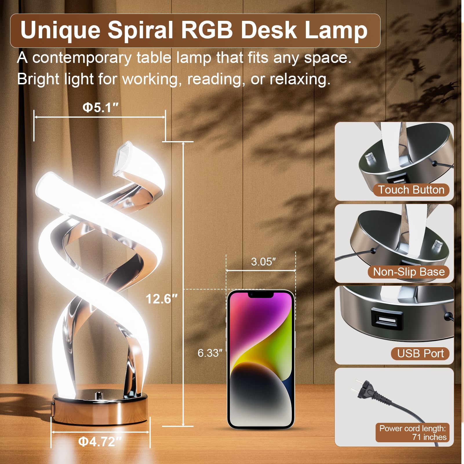 Booadiam Modern Table Lamp, Led Bedside Lamp With Usb Port, Touch Control Nightstand Lamp 10 Modes Dimmable Rgb Spiral Table Lamp, 24W, For Living Room, Bedroom, Unique Lamp, Cool Lamps For Ideal