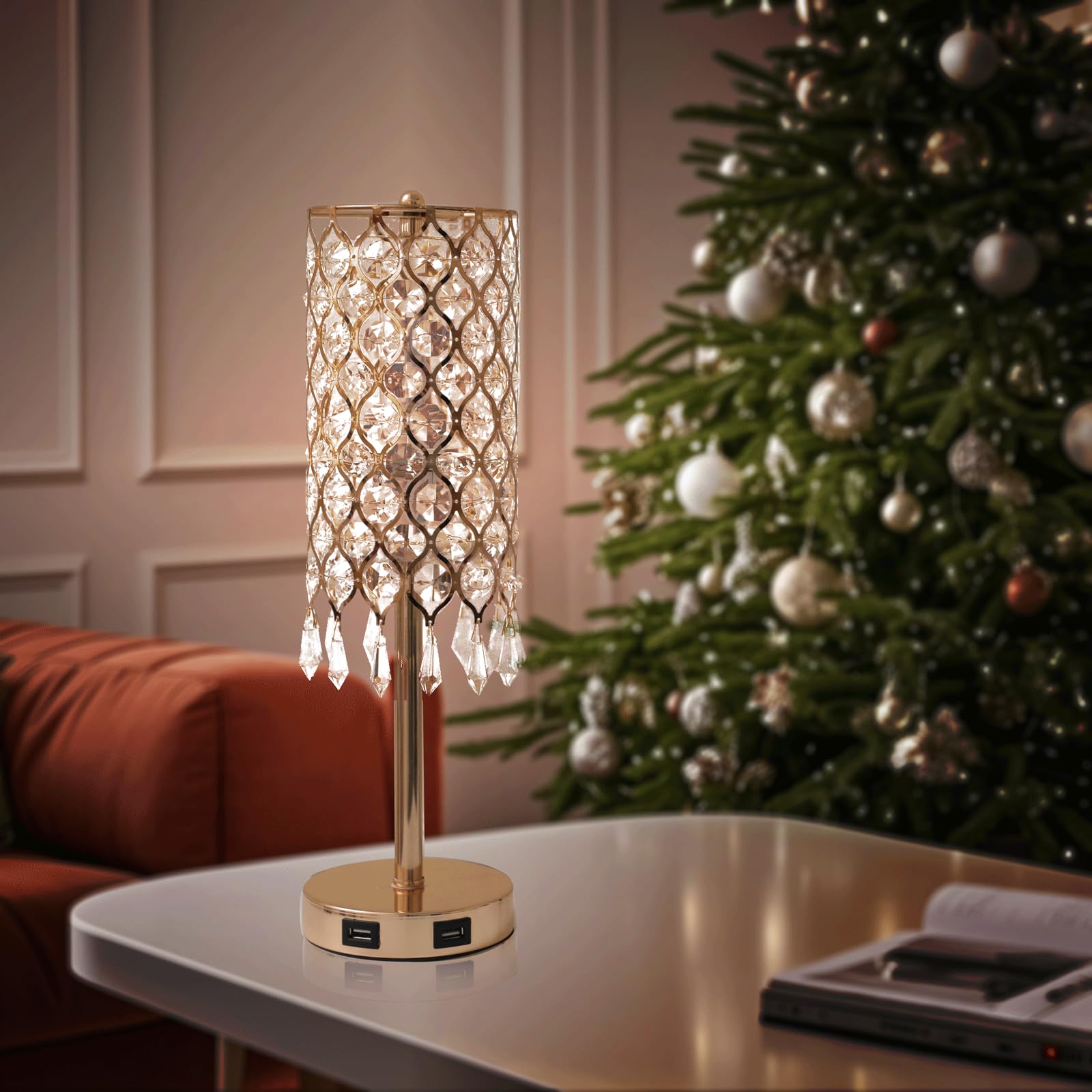 Cotulin Crystal Table Lamp,Gold Lamp With Usb Ports, 3 Way Dimmable Touch Lamp With Crystal Shade, Bedside Nightstand Gold Accent Lighting For Living Room Bedroom Home Office, Readin,Christmas