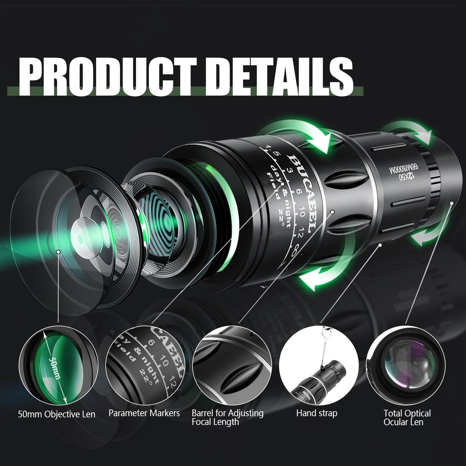 Ylq Monocular Telescope12×50 High Power Monocular For Adults With  Box & Carabiner Clip，Compact Pocket Travel Monocular Scope, Portable Lightweight Monocular For Bird Watching, Hiking, Concerts