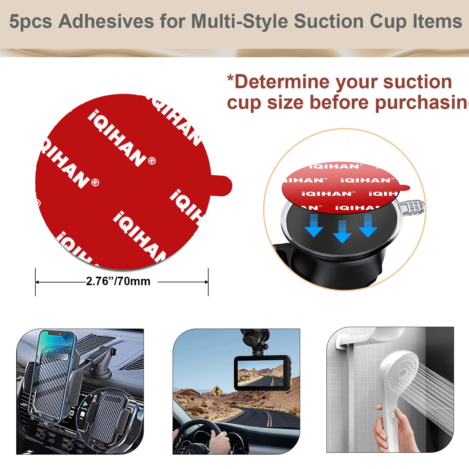 Pormkig Sticky Adhesive Pad Replacement For Suction Cup Mount, 5Pcs Circle 70Mm(2.76") Extra Strong Double-Sided Sticker Tapes For Universal Car Dashboard Phone Holder Windshield Dash Cam Gps Camera Sucker