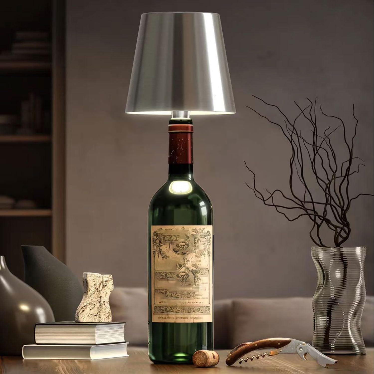 Genyerl Wireless Bottle Lamp, 3 Color Stepless Dimming Wireless Bottle Lamp,Cute Embed Touch Control Portable Rechargeable Desk Lamp For Living/Bedroom/Restaurant/Bar(Silvery)