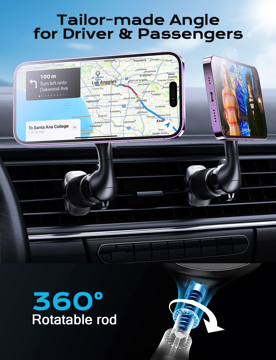Tazeni Magnetic Car Mount For Iphone 14 Pro Max - 10X Stronger Magnet, 1080 Adjustable & Flexible, Never Block Your Vent, Exclusive Dual-Triangle Hook, Easy Use In 0.01S
