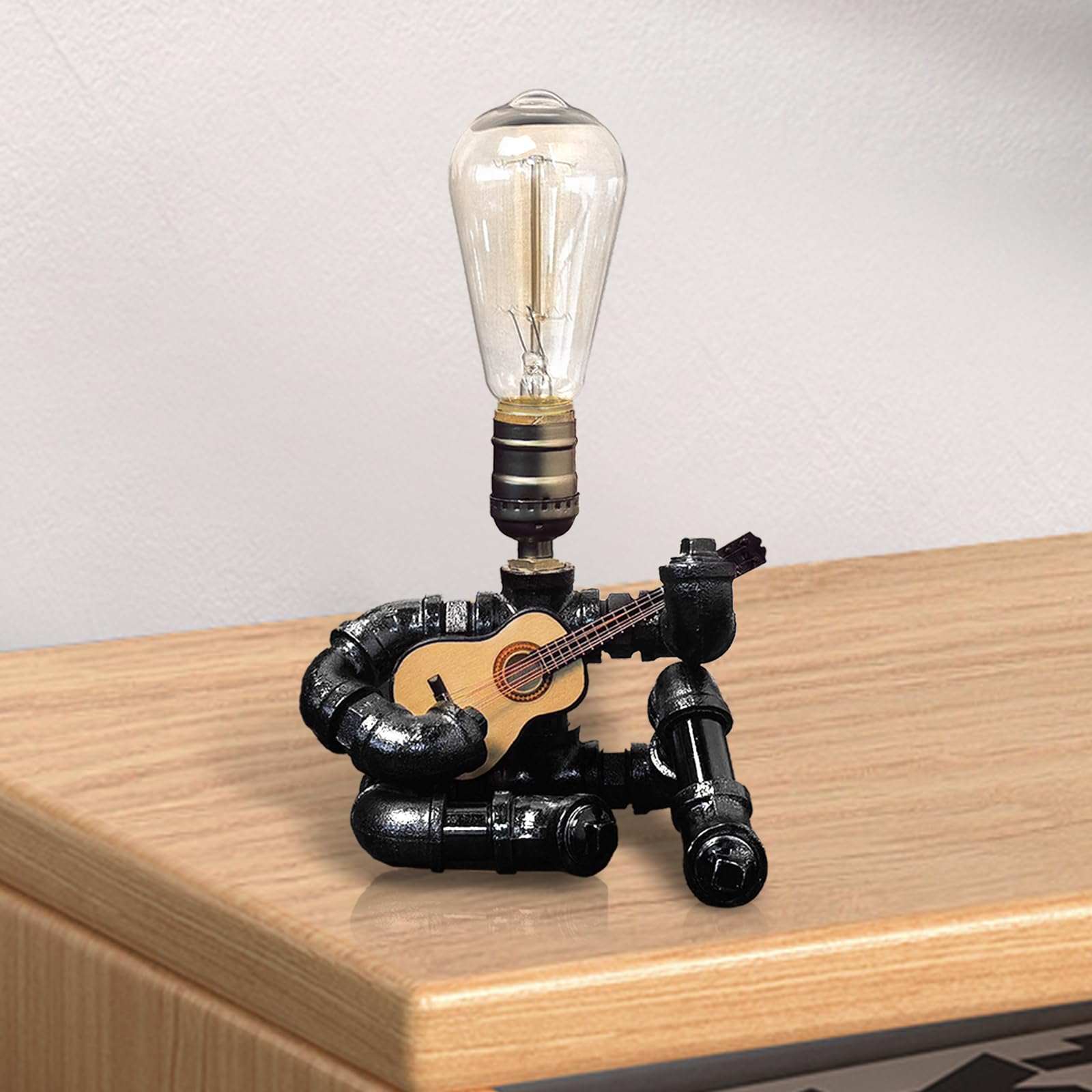 Chxtx Music Guitar Table Lamp - Cool For Men & Music Lovers - Edison Bulb Steampunk Pipe Lamps - Microphone Players Art Decor (Wood)