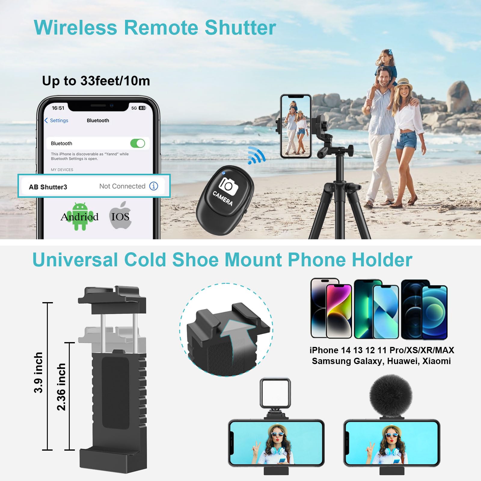 Jishane 71" Camera Tripod, Versatile Cell Phone Tripod With Wireless Remote Phone Holder And Carry Bag, Lightweight Portable Camera Tripod Stand Compatible With Smartphone Cameras, Max Load 6.6 Lbs