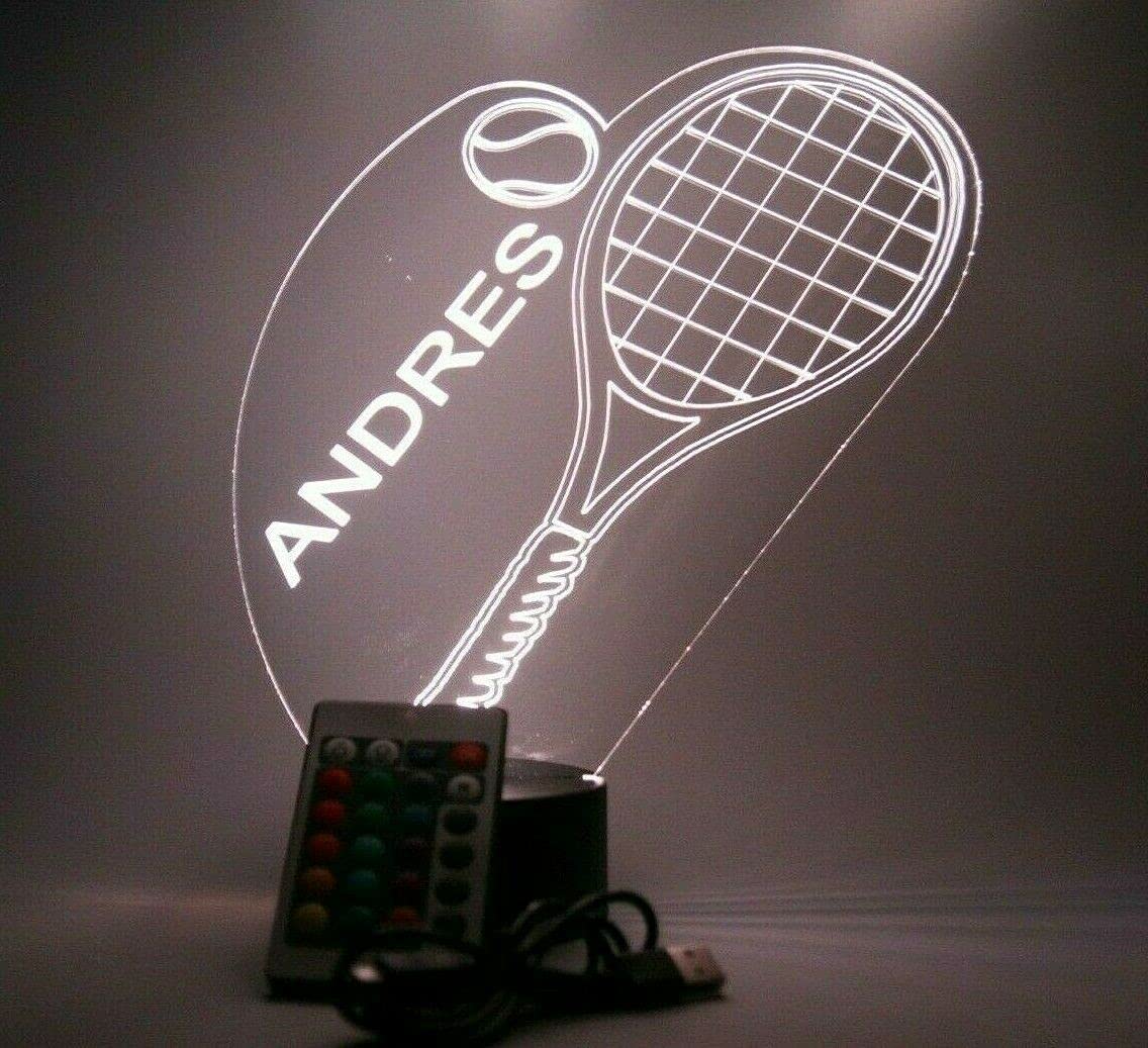 Mirror Mania Tennis Racket Racquets And Ball Court Sports Player Night Light Up Table Lamp Led Engraved Custom Name Personalized With Remote, 16 Color Options, Dimmer, It'S Wow, Great