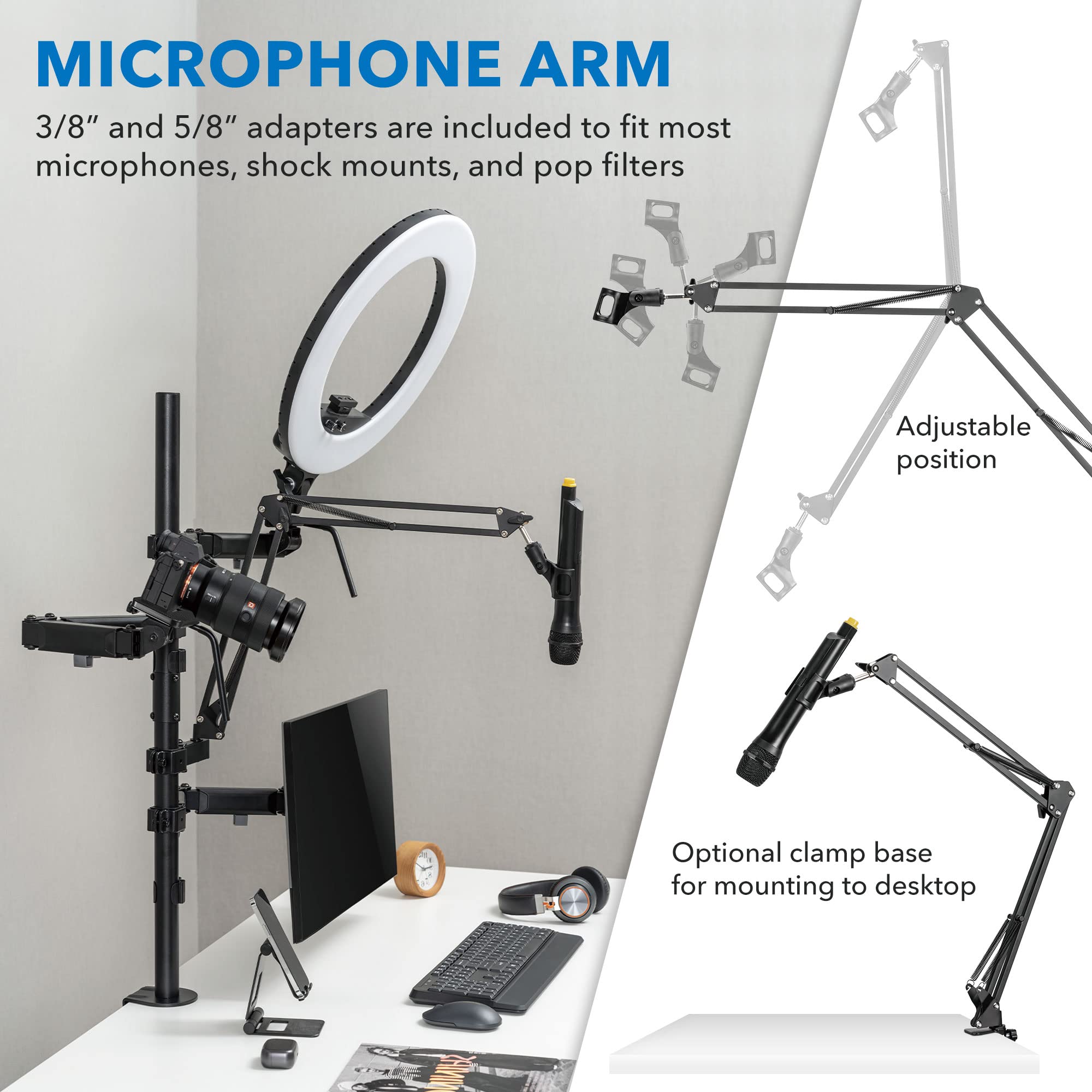 Mount-It All In One Live Streaming Equipment 4 Arm Desk Mount That Holds Monitor, Cameras And Ring Light With Mic Desktop Stand Set, Youtube Setup For Recording Facebook