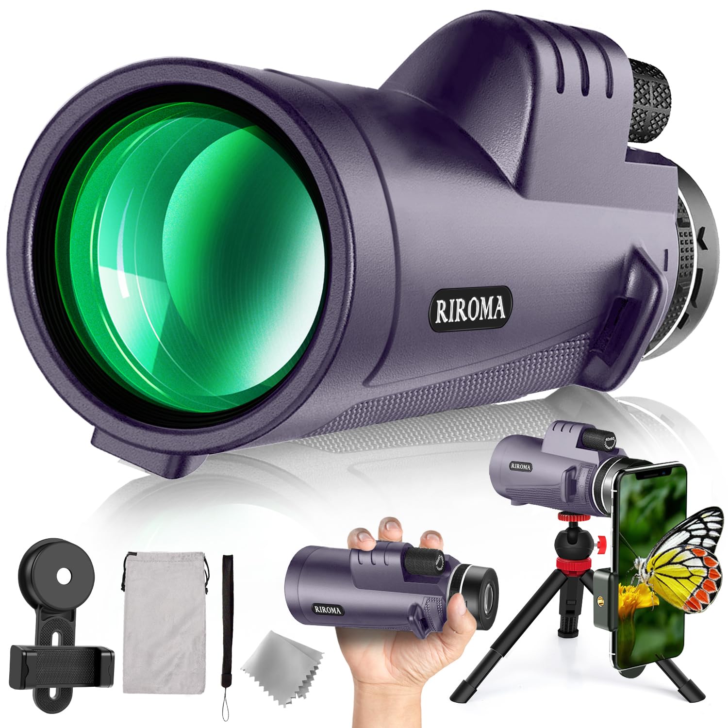 Riroma 40X60 Monocular Telescope With Smartphone Holder & Tripod, Power Prism Compact Monoculars For Adults Kids, Hd Monocular Scope For Bird Watching Hiking Concert Travelling Purple