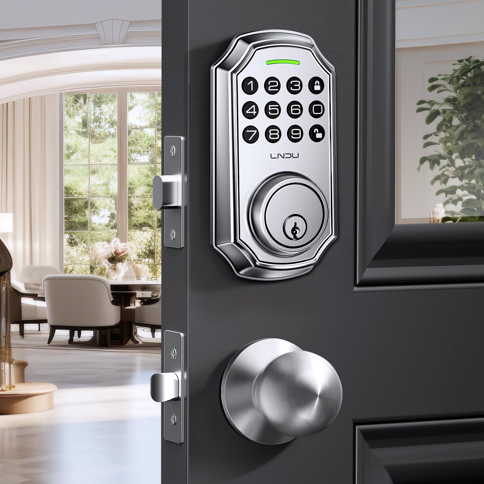 Lndu Keyless Entry Door Lock Deadbolt With Handle Set: 100 Code Front Door Lock Set, Keypad Door Lock With Handle, Electronic Keypad Deadbolt With 2 Knob, One Touch Lock, Auto Lock Easy To Install