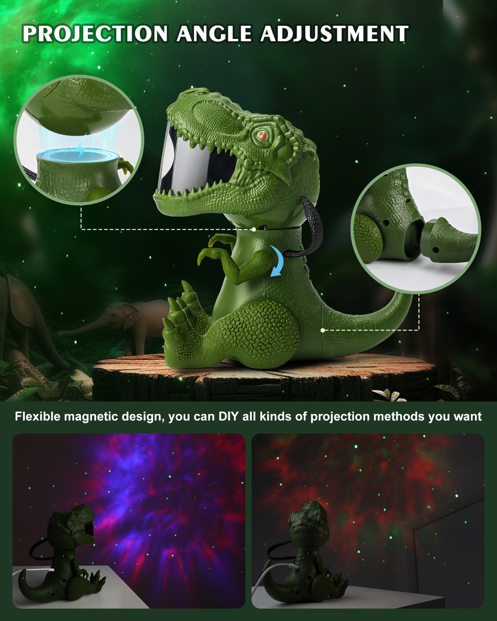 Kidsjoy Dinosaur Star Projector Night Light: Galaxy Projector Light For Kids Bedroom Ceiling Decor （Green）