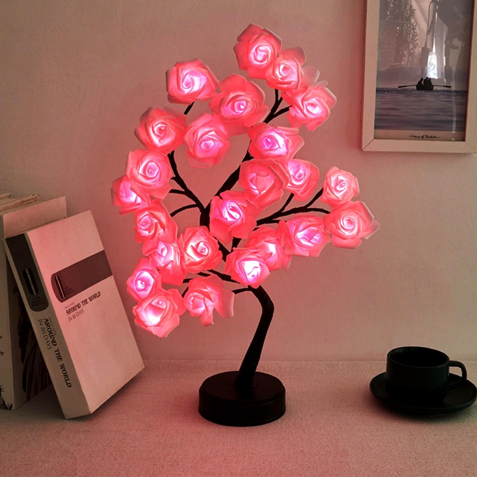 Bonlting Rose Flower Tree Lamp, Led Bedside Table Battery Powered Or Usb Adapter, Nightstand Light For Living Room, Bedroom, Office - For Mother'S Day Anniversary Birthday (Pink)