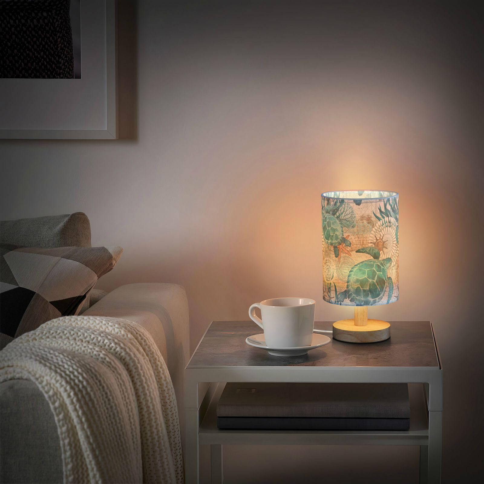 Litebear Small Table Lamp For Bedroom - Bedside Lamps For Nightstand, Sea Ocean Turtle Teal Round Fabric Shade, Desk Reading Lamp For Kids Room Living Room Office Dorm