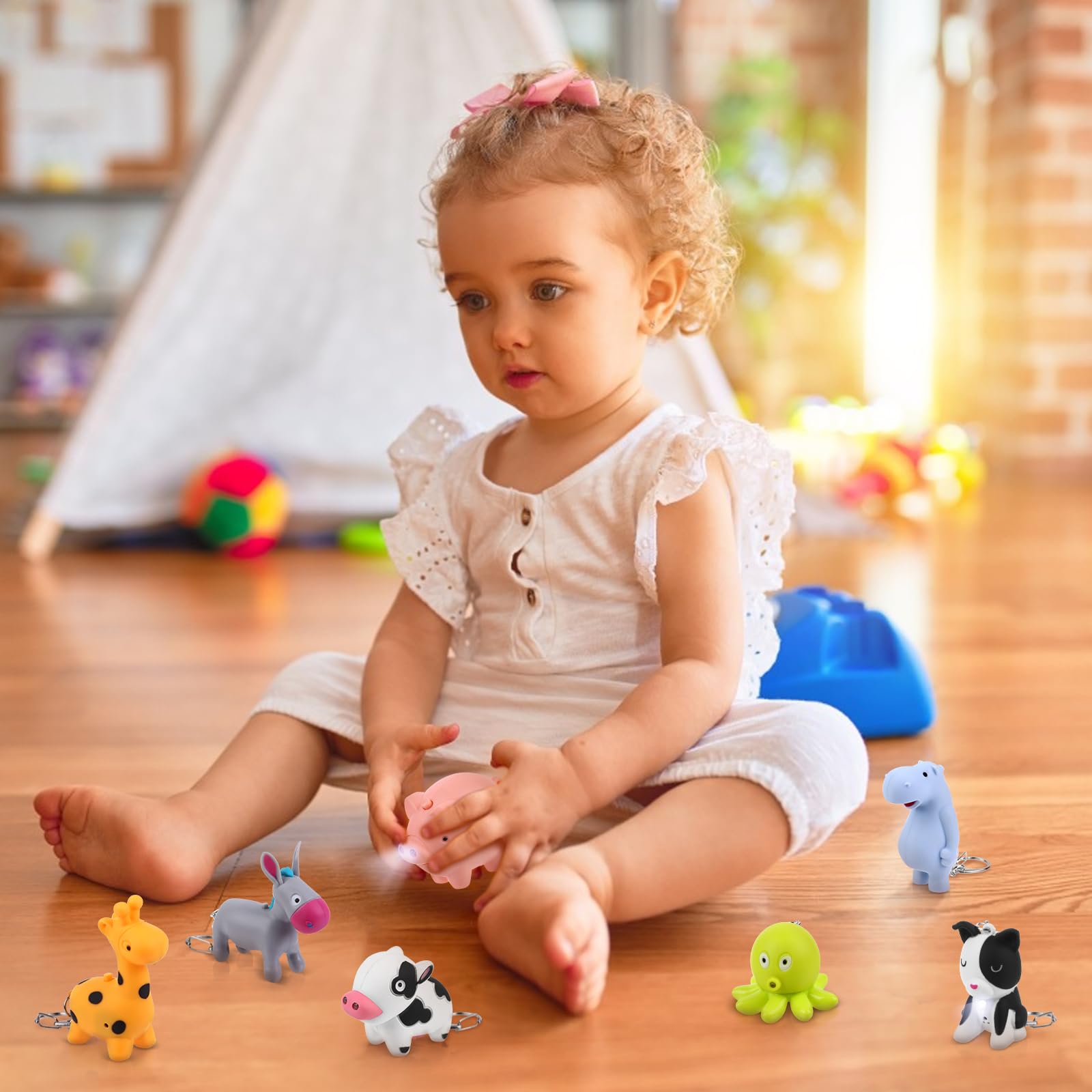 Oppaxf 9 Pcs Animal Flashlight Keychain - Pediatric Nurse Flashlight With Giraffe, Cow, Pig, Hippo, Octopus, Puppy, Horse, Whale, Little Donkey - Badge Reel